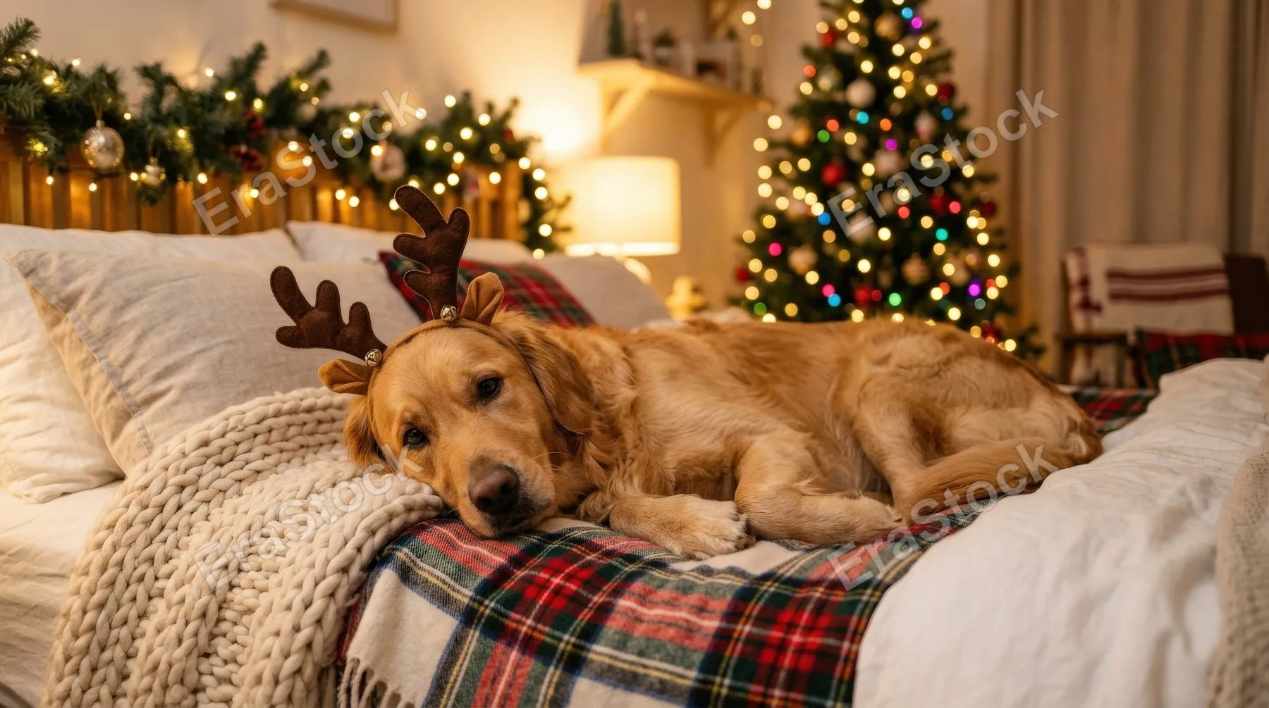 A golden retriever wearing reindeer antlers lying on a cozy bed, warm Christmas lights softly glowing in the background, adorable festive comfort, ultra-realistic, no logos.