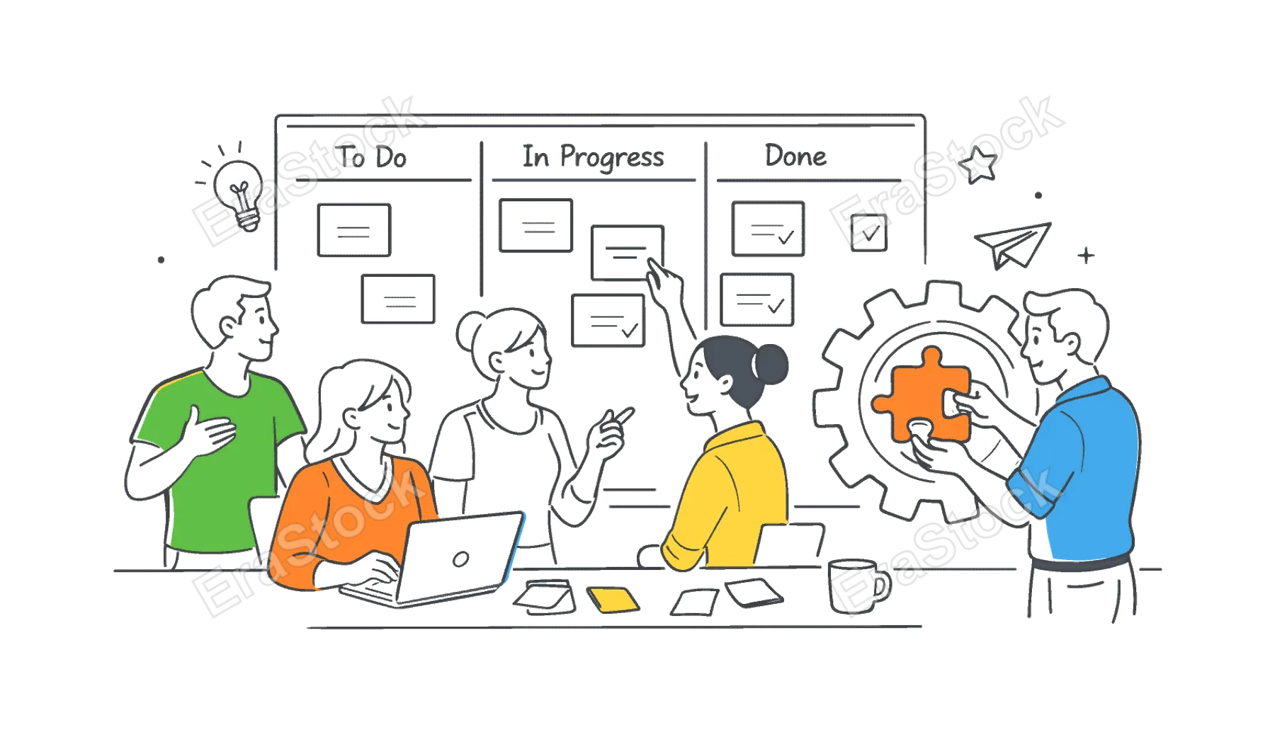 Agile project management workflow planning scene where a small team collaborates around a large kanban board with several simple task cards while one person places a single puzzle