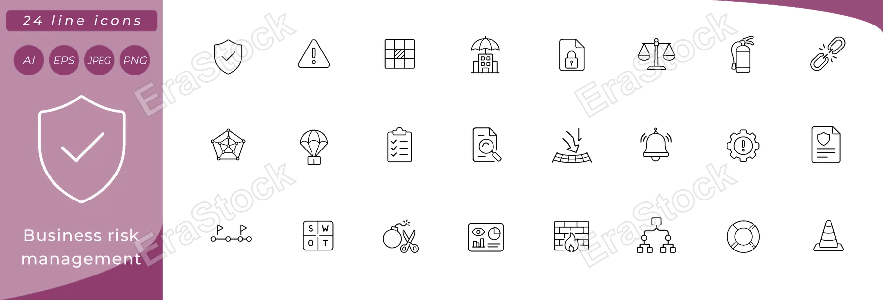 Business risk management: shield with checkmark, warning triangle, risk matrix grid, umbrella over building, lock on data file, balance scale, fire extinguisher, broken chain link, radar chart