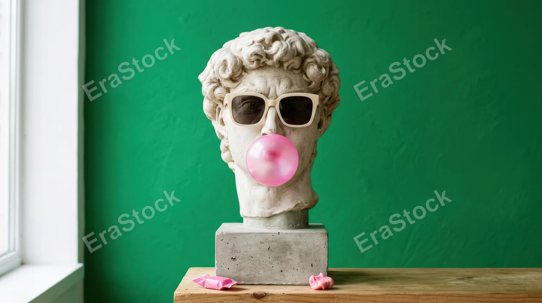 A minimal scene with sunglasses resting on a classical head sculpture, pink bubble gum and a vivid green backdrop, playful fashion-forward atmosphere, ultra-realistic, no logos.