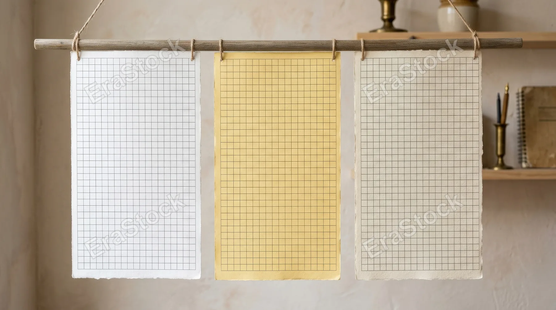 Vertical graph-paper banner textures in white, yellow, and off-white tones, neat checkered lines and a clean retro stationery aesthetic, ultra-realistic, no logos.
