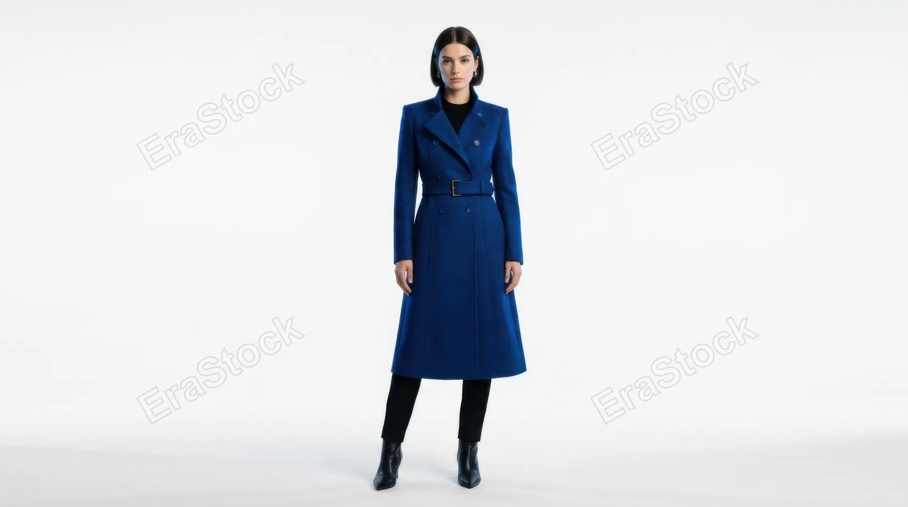 Sleek model showcasing structured sapphire-blue coat against minimalist white backdrop, sharp tailored lines emphasizing silhouette, cool tones dominating composition,