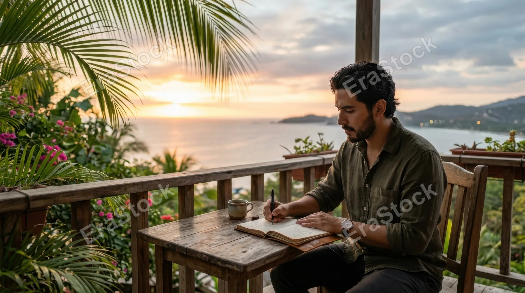 a serene sunset scene of a 29-year-old latino male journaling on a quiet balcony, seated at a small wooden table with a notebook and pen. the warm sunlight filters