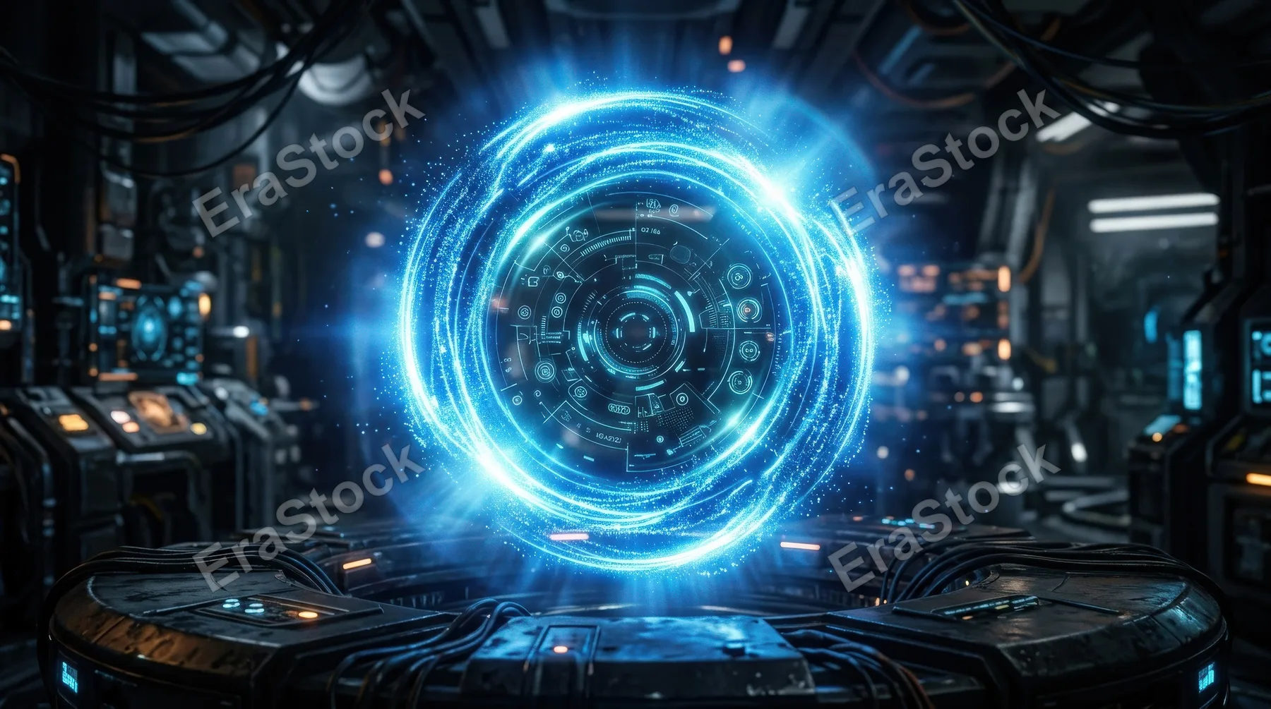 A glowing blue energy ring forming a futuristic sphere-like interface element, radiant light aura and sci-fi atmosphere, ultra-realistic, no logos.