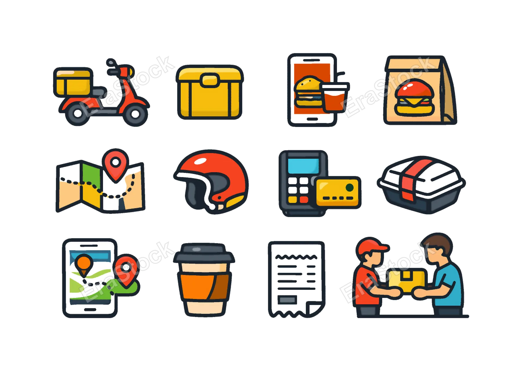 Food delivery service: delivery scooter vehicle, delivery box package, smartphone food order, restaurant takeaway bag, map route with pin, courier helmet, payment card terminal