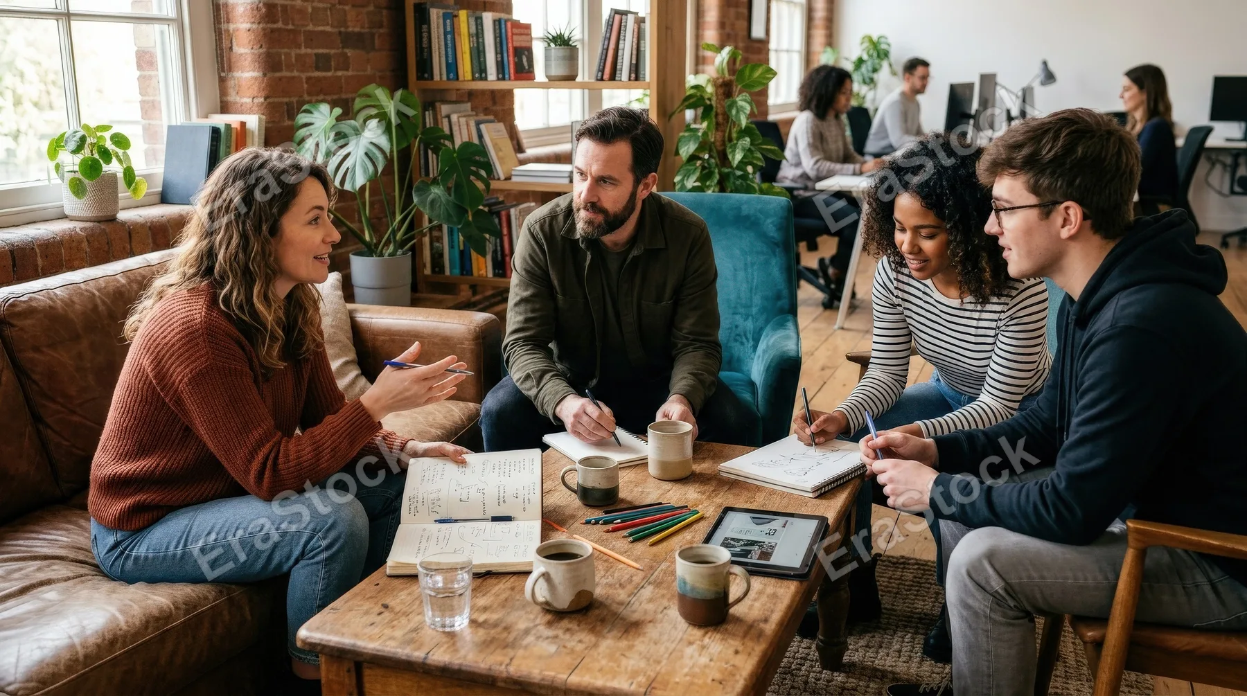 Coworkers having a creative discussion in an office lounge, casual seating, warm textures, notebooks and coffee, relaxed but focused collaborative mood, ultra-realistic, no logos.