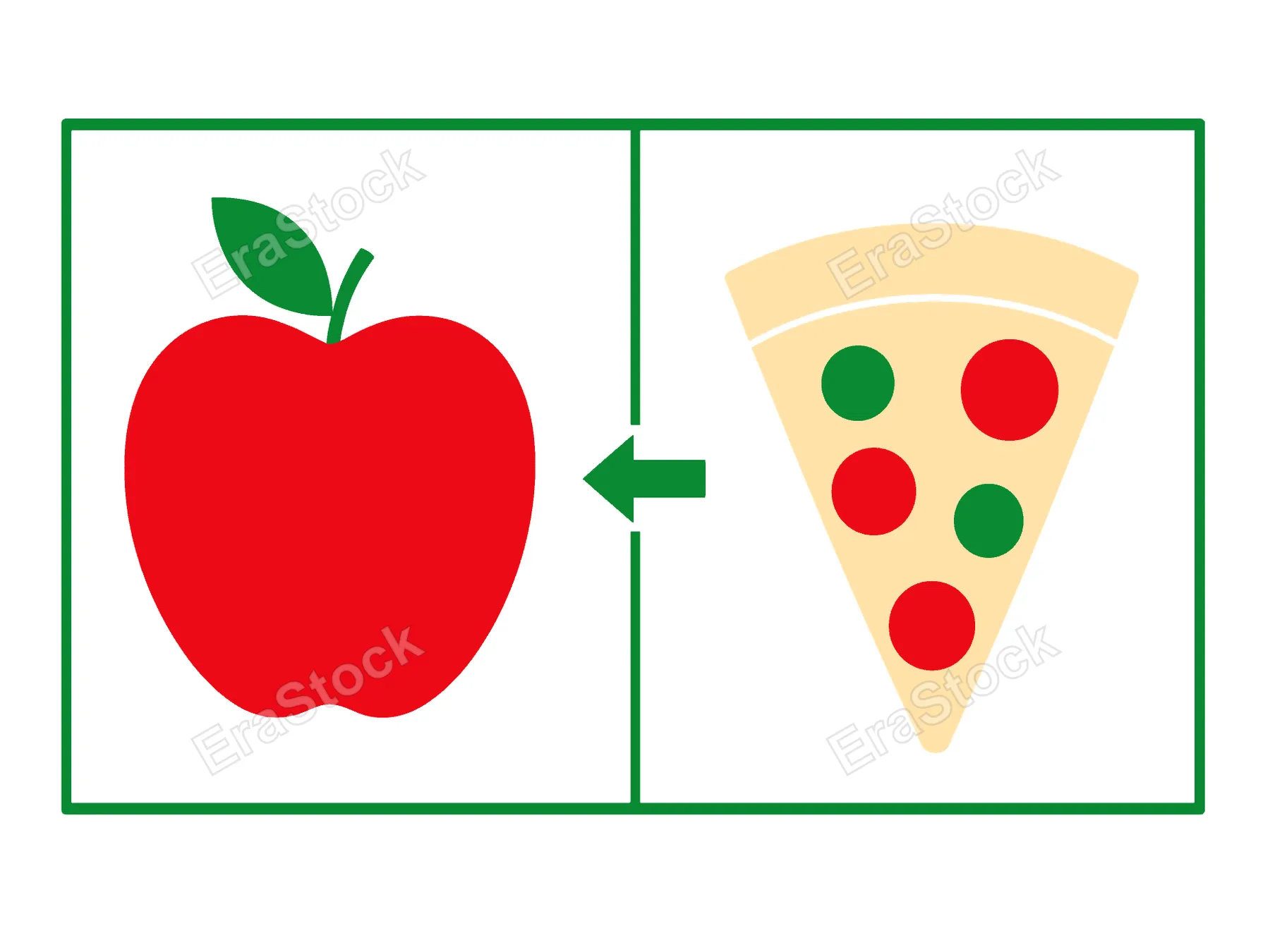 A visual representation of choosing between a healthy apple and an unhealthy slice of pizza, symbolizing dietary decisions and lifestyle choices