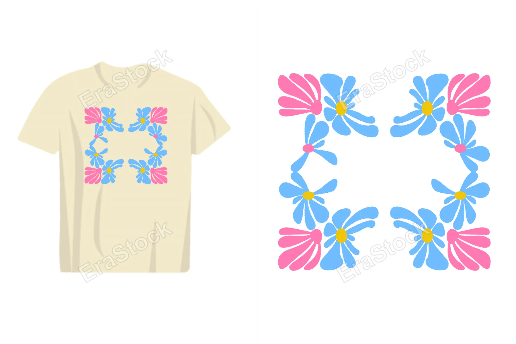 A cream-colored t-shirt showcases a charming square floral design featuring stylized blue and pink flowers with yellow centers