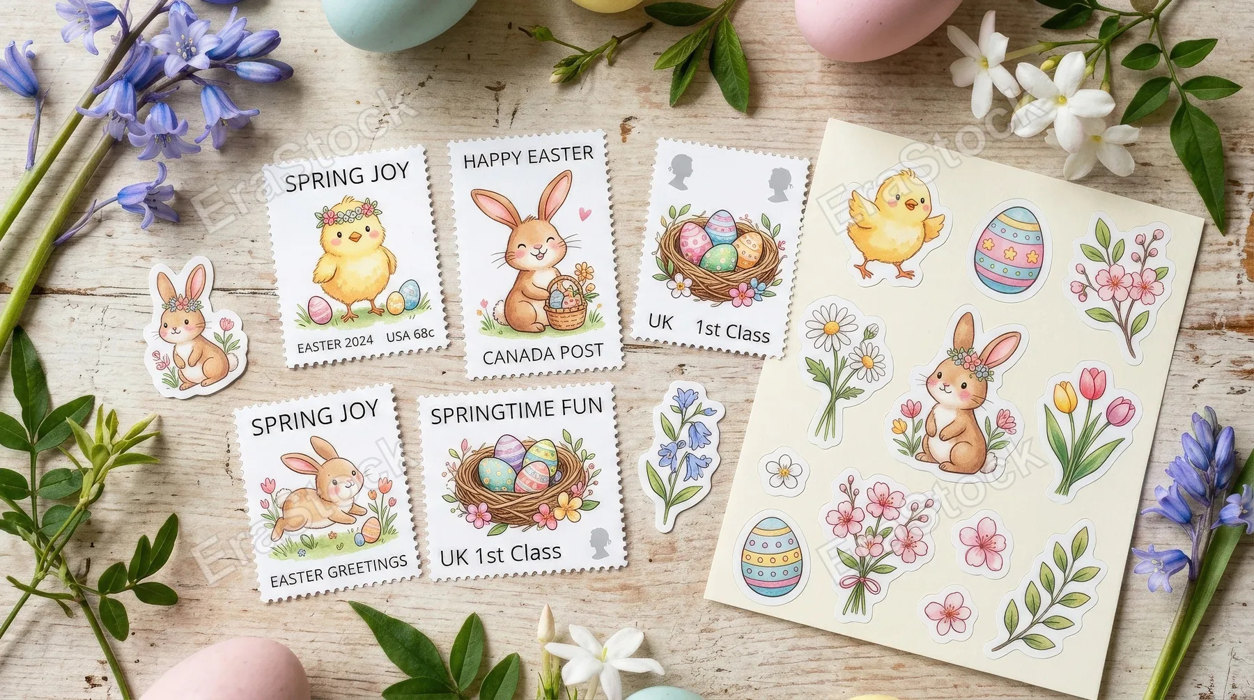 Cute Easter postage stamps and stickers featuring a chick, bunny, eggs and spring flowers in soft pastel colors, playful seasonal sweetness, ultra-realistic, no logos.