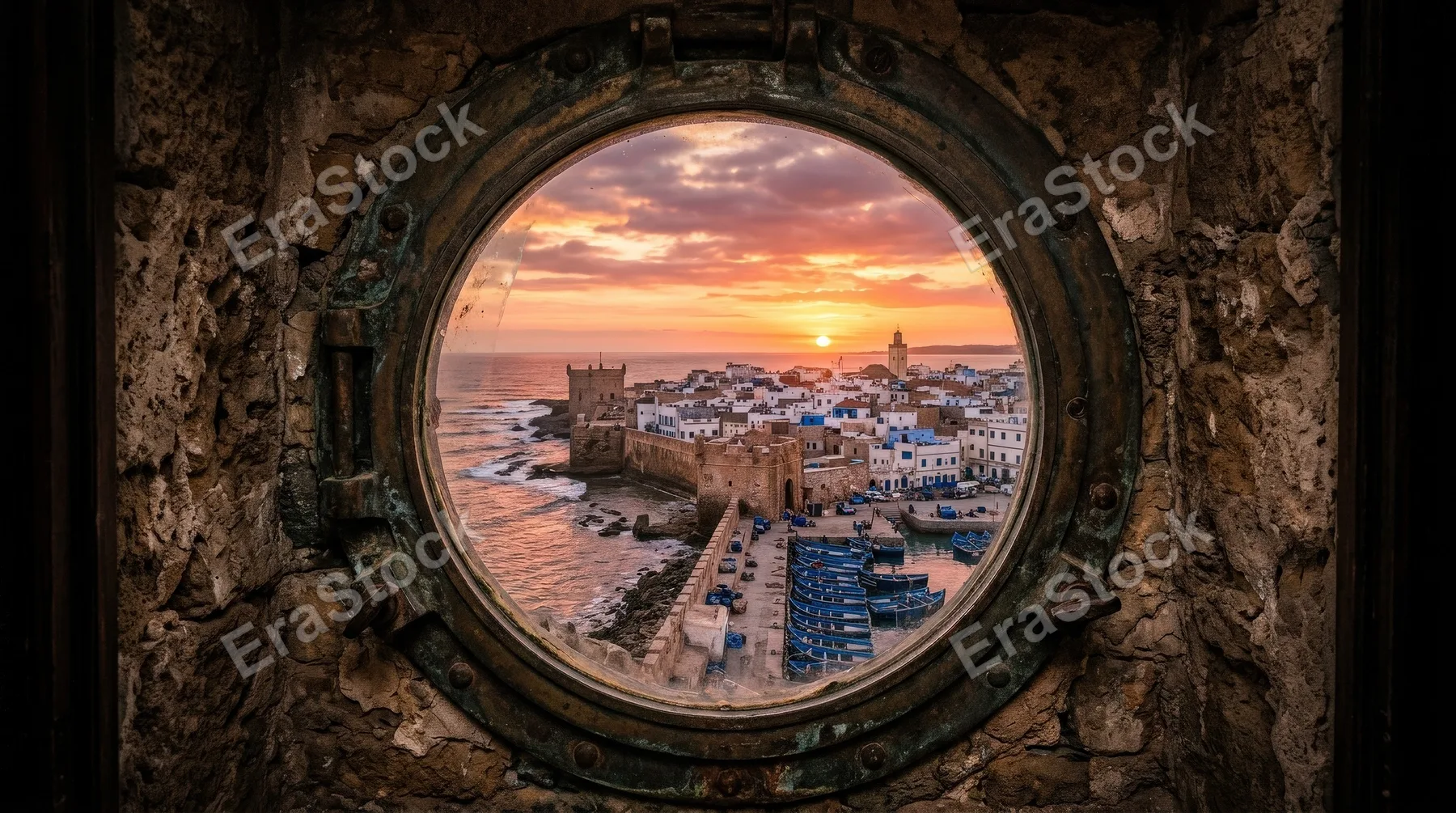 Essaouira old walled town at sunset seen through a porthole, weathered stone, glowing sky, coastal charm, framed composition, serene Moroccan evening mood, ultra-realistic, no logos.