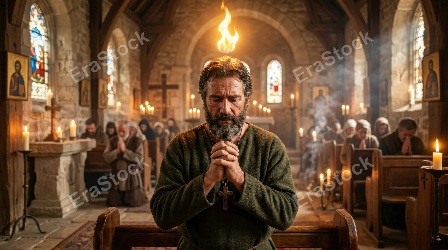 A man experiencing Pentecost with a flame resting above his head, still posture, warm luminous air and a solemn Christian holiday atmosphere, ultra-realistic, no logos.