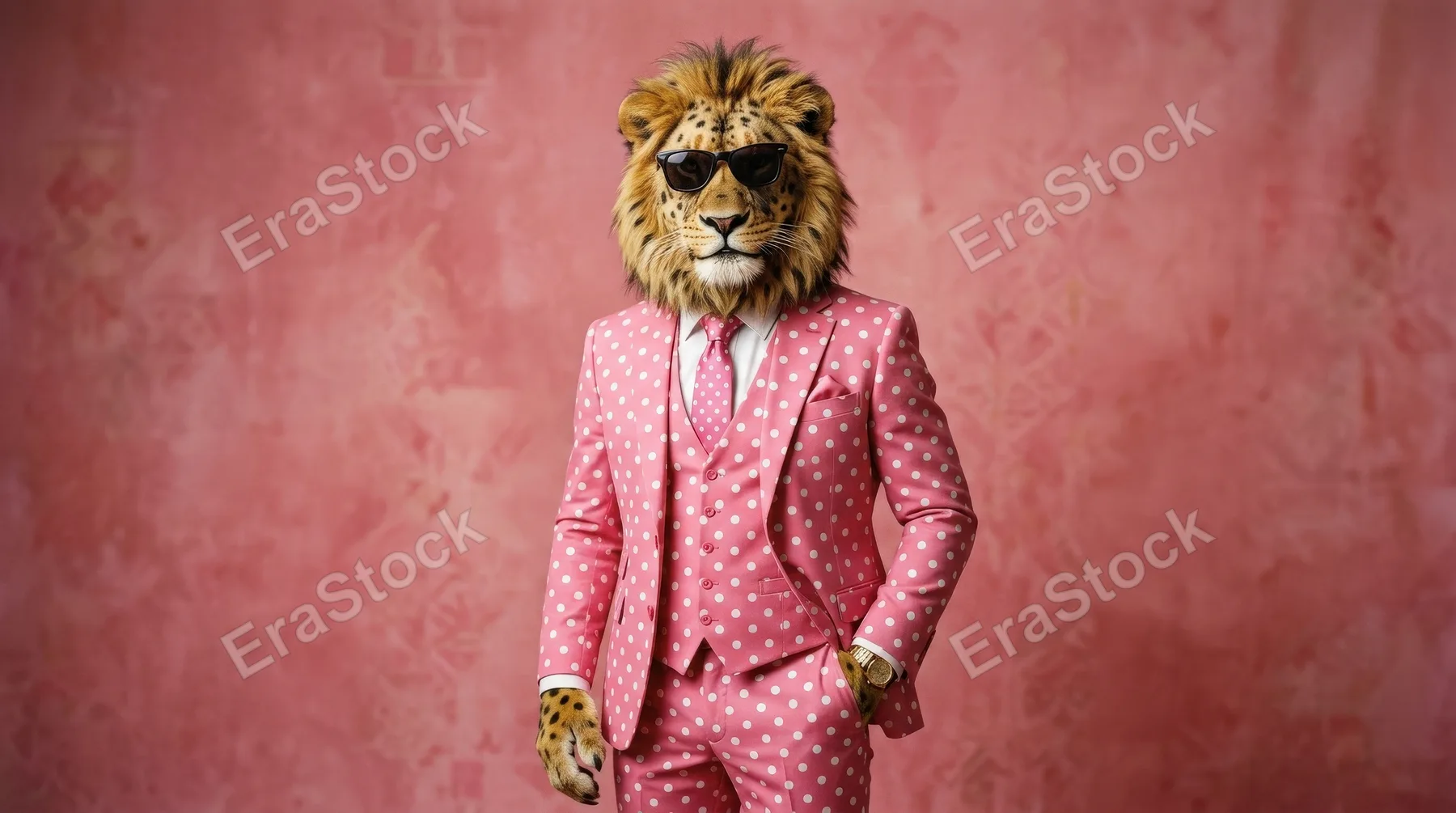 A spotted lion-headed figure in a pink polka-dot suit with tie and sunglasses against a monochrome pink backdrop, whimsical retro portrait and confident style, ultra-realistic, no logos.