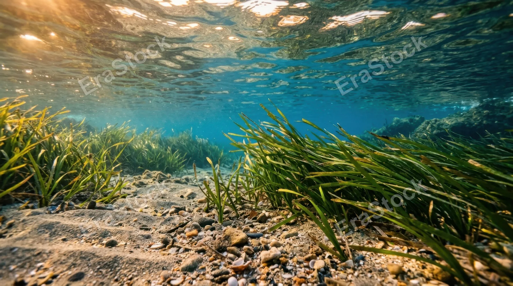 a low-angle perspective capturing the serene underwater landscape with seagrass gracefully moving with the current, while pebbles and sand create a grounded base. the