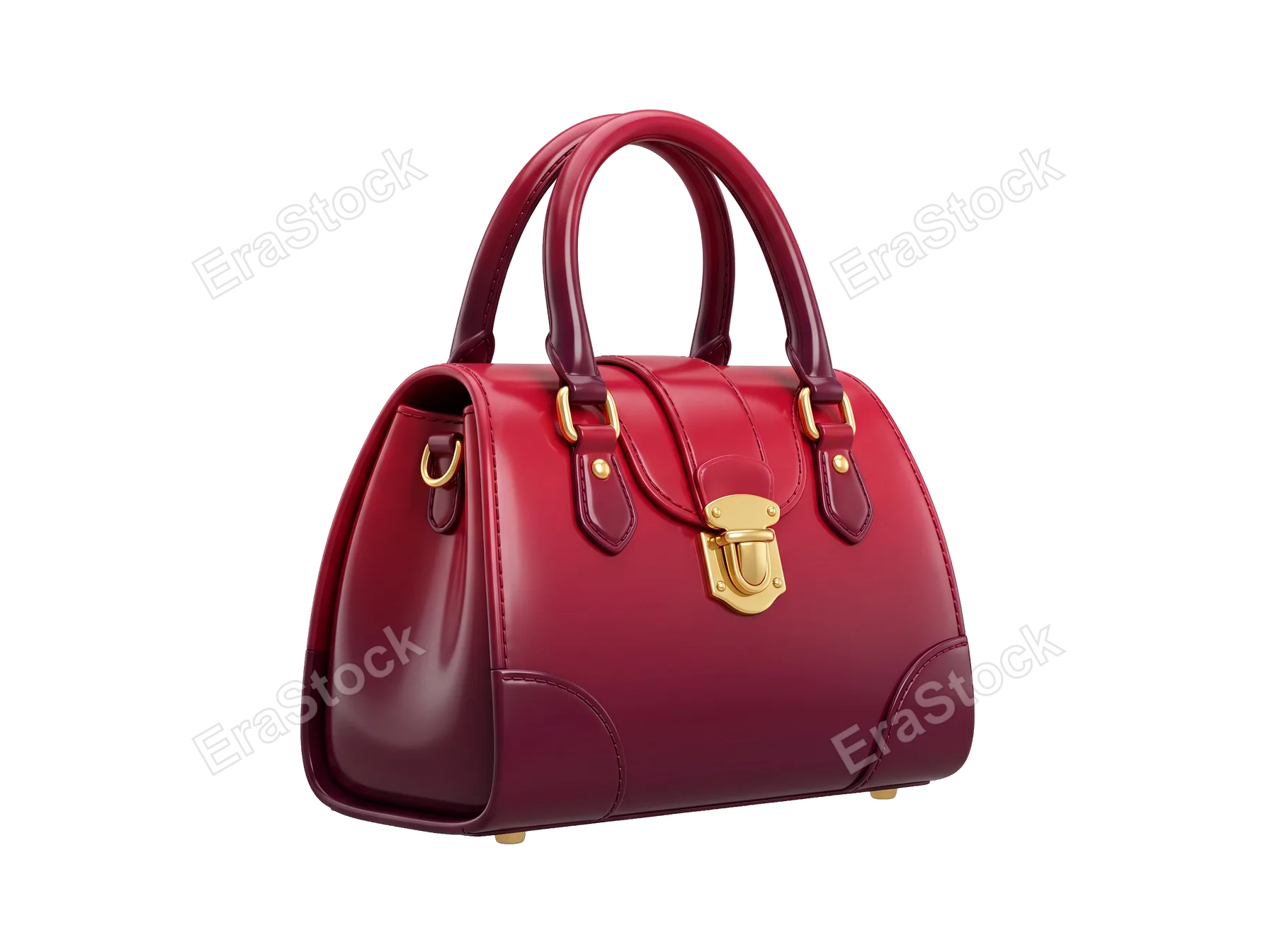 A sophisticated, glossy red handbag featuring dual top handles, a secure gold clasp, and a structured silhouette, perfect for stylish occasions