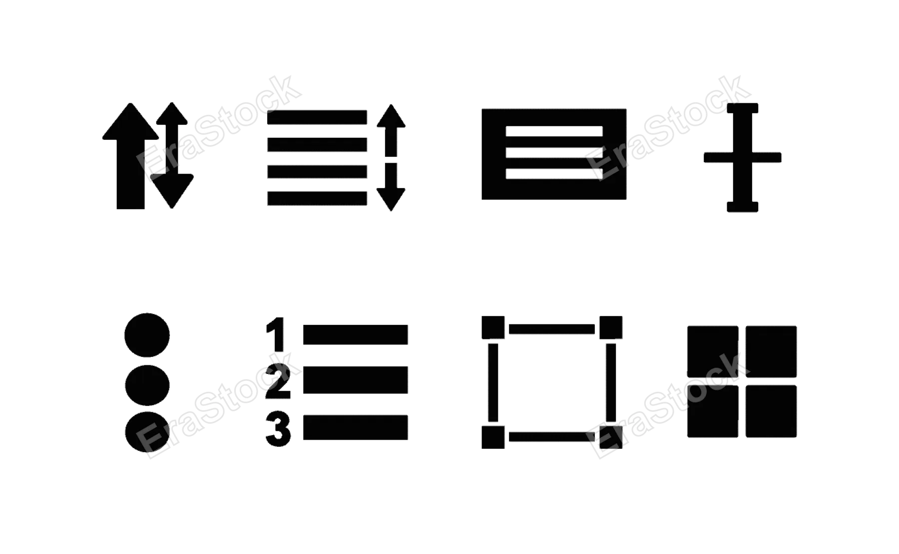 Text formatting tools: font size arrows, line spacing icon, paragraph block, text cursor, bullet list, numbered list, text box frame, grid layout.
