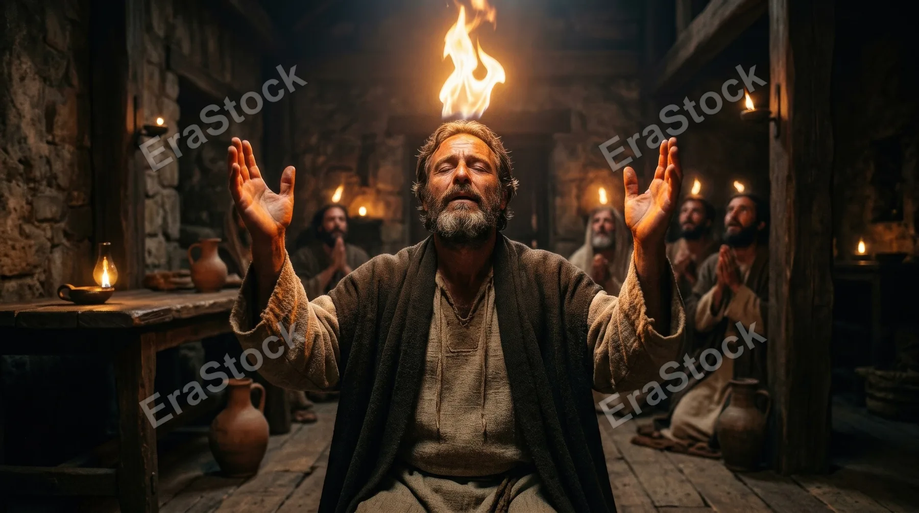 An apostle praying with flames above his head during Pentecost, uplifted hands, ancient upper room, radiant firelight and sacred awe of the Holy Spirit, ultra-realistic, no logos.