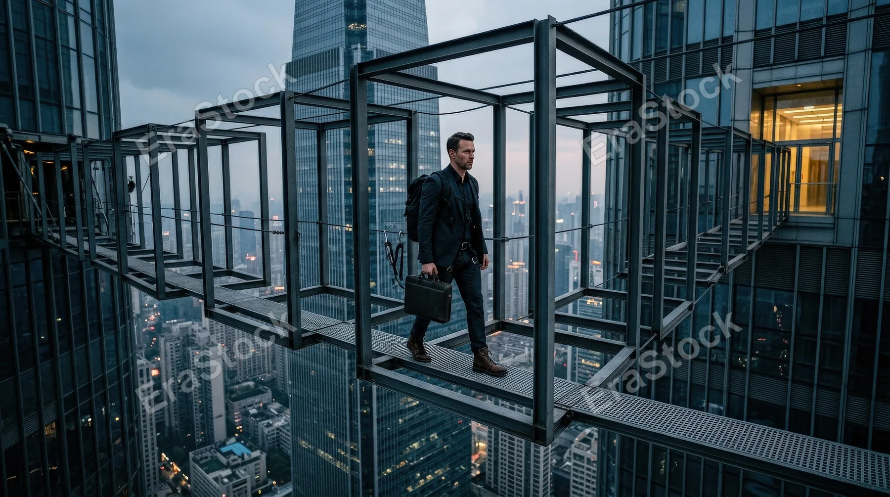 A man standing on a bridge of floating rectangular frames connecting tall structures, open void below, crisp geometry, feeling of professional risk and strategic transition, ultra-realistic, no logos.