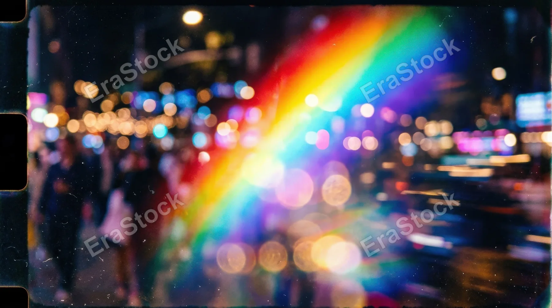 Abstract rainbow light leak on transparency with bokeh and motion blur, luminous film lens glow and dreamy analog atmosphere, ultra-realistic, no logos.