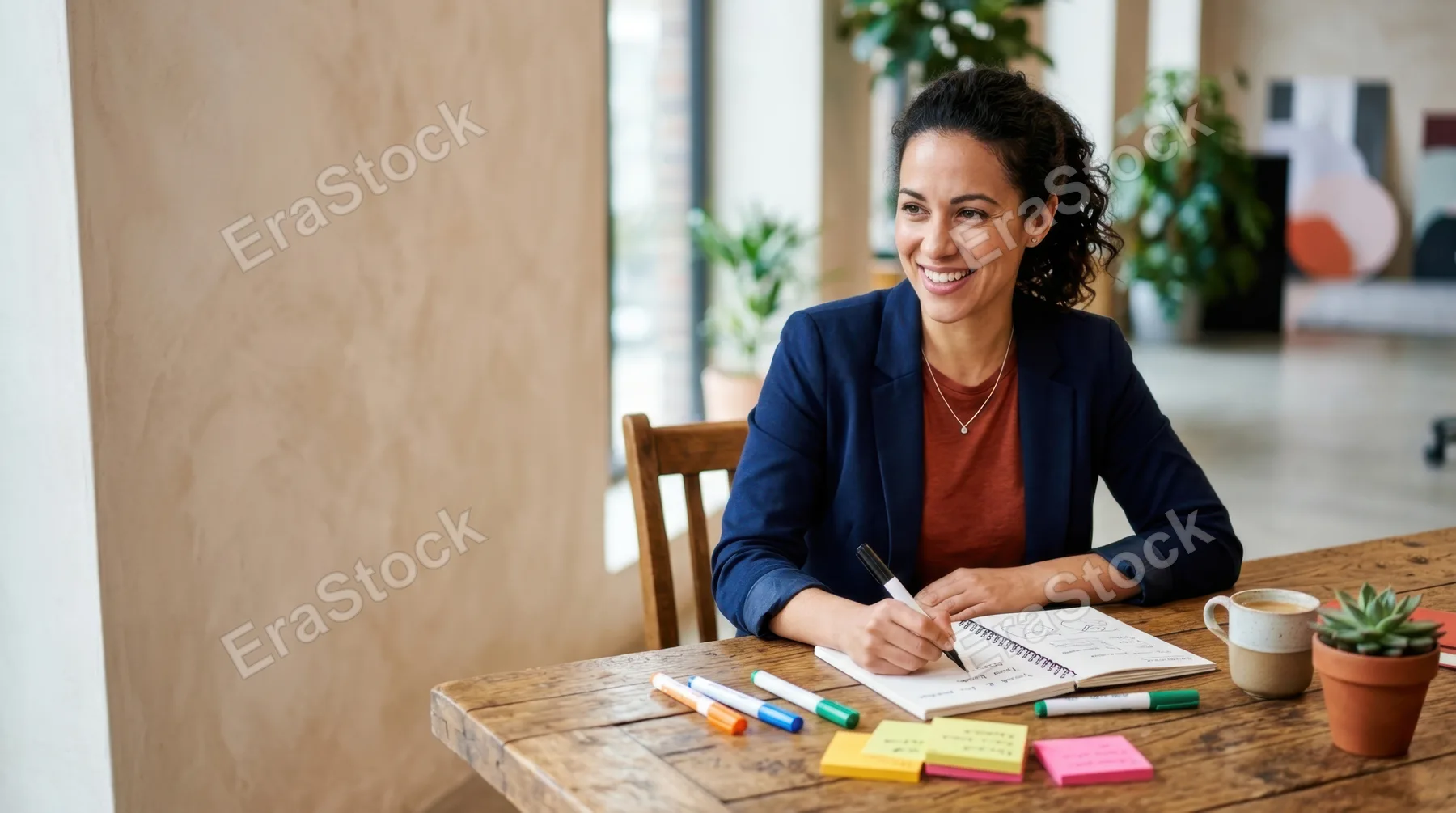 a bold, graphic composition of the team leader seated at a rustic wooden table, with ample negative space surrounding her, inviting text overlay for promotional use. the