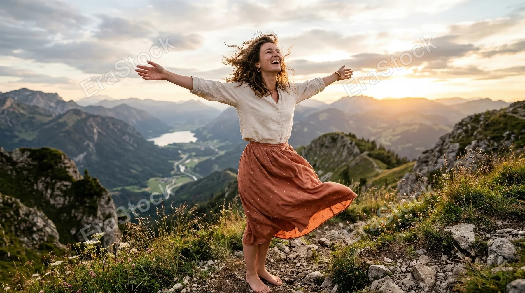A woman in a gesture of freedom and happiness, open arms, wind in clothing, bright natural setting, uplifting and liberated atmosphere, ultra-realistic, no logos.