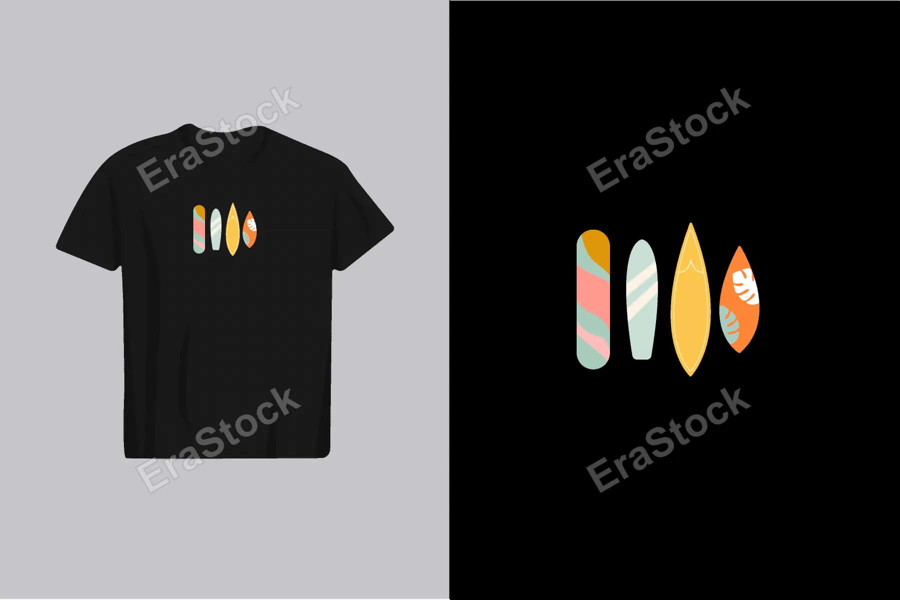 A black t-shirt featuring a minimalist graphic of four colorful surfboards with abstract patterns and tropical leaves