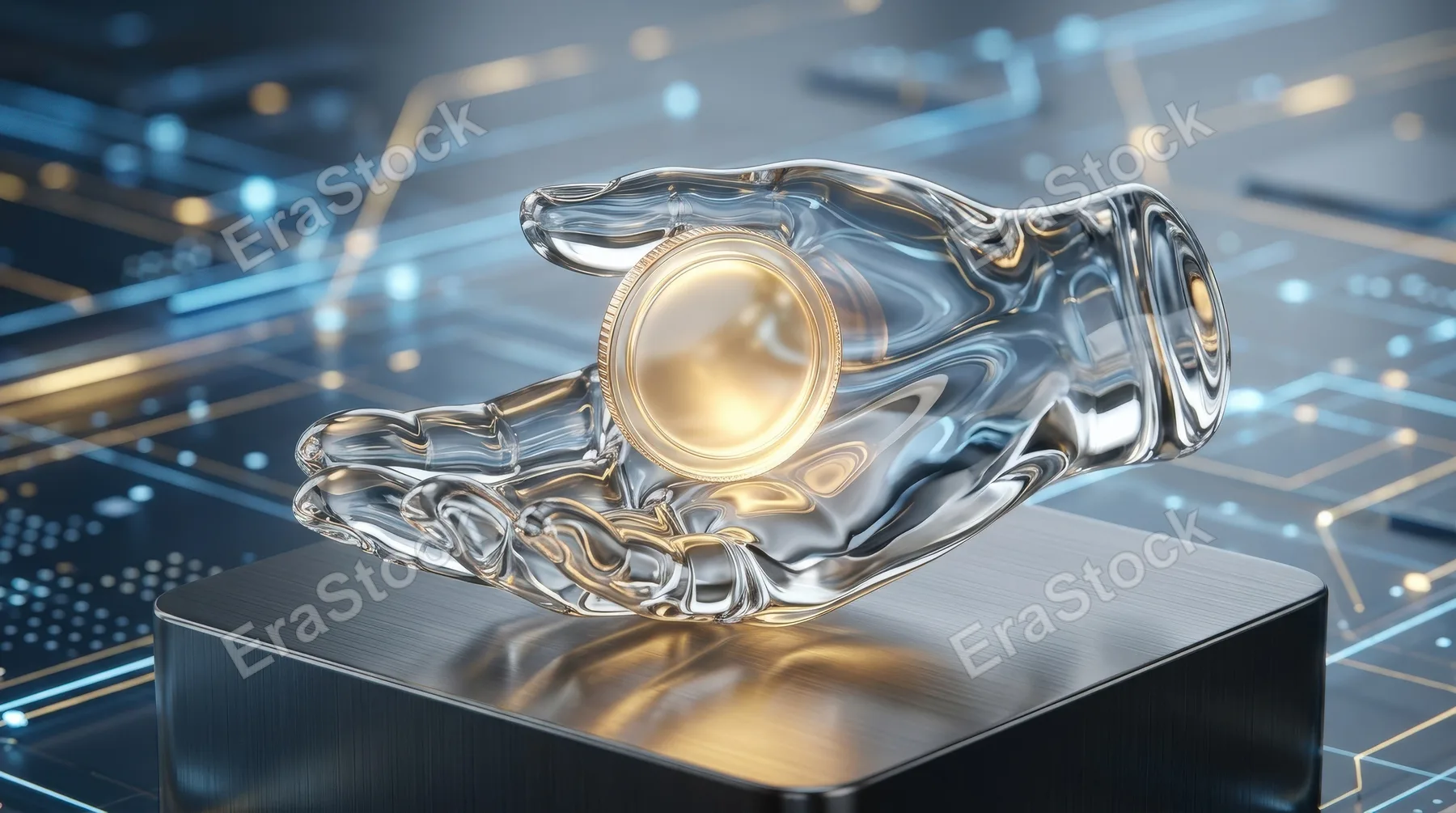 A liquid-glass icon of a hand offering a coin, crystal clarity, soft golden reflections and a polished payment-transfer atmosphere, ultra-realistic, no logos.