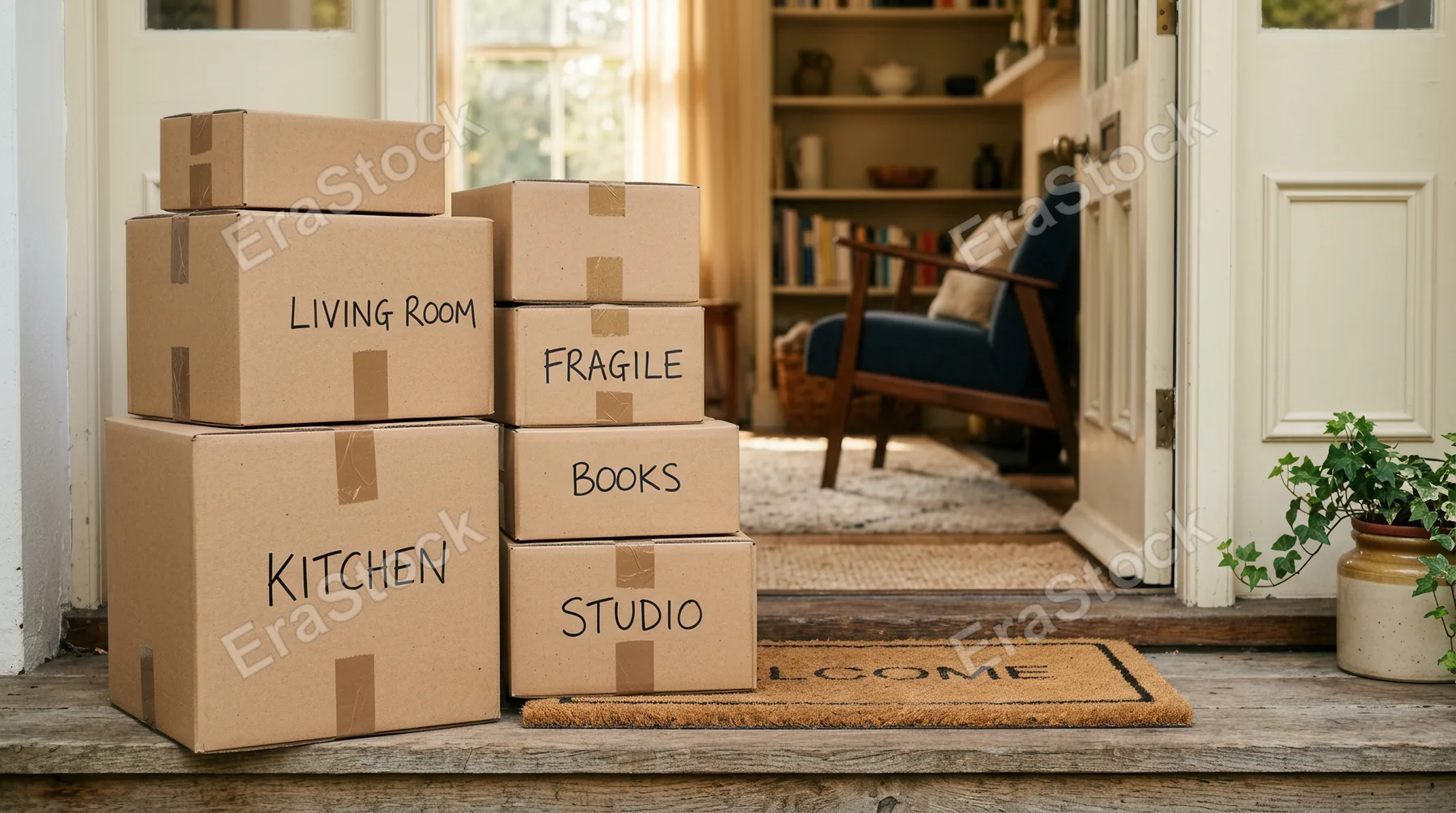 an intimate detail shot of the cardboard boxes stacked on the doorstep, revealing their textures and neat arrangement, with hints of the stylish living room visible