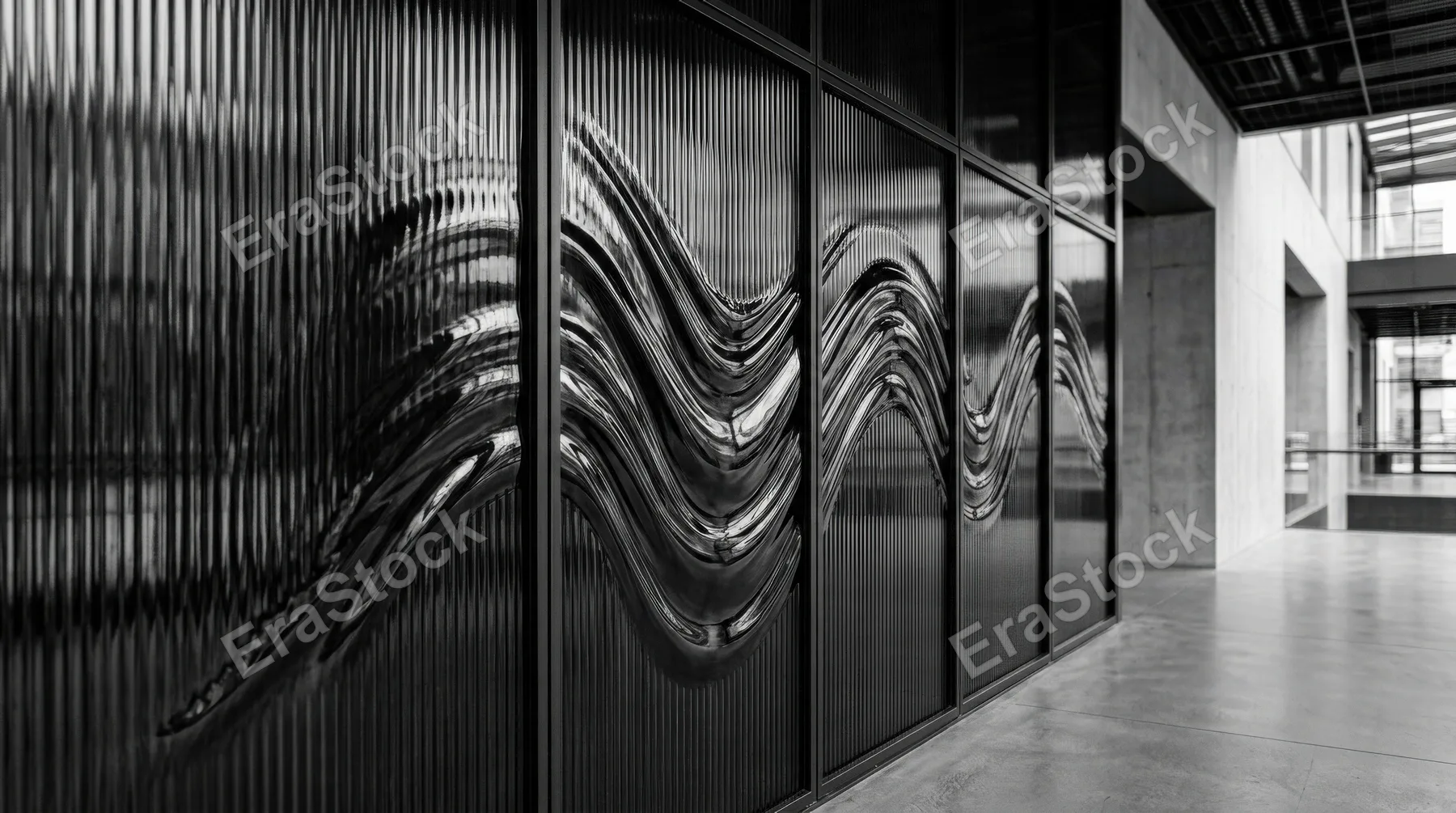 A ribbed glass surface in black and white with abstract waves, glossy gradient reflections and sleek minimal architectural mood, ultra-realistic, no logos.