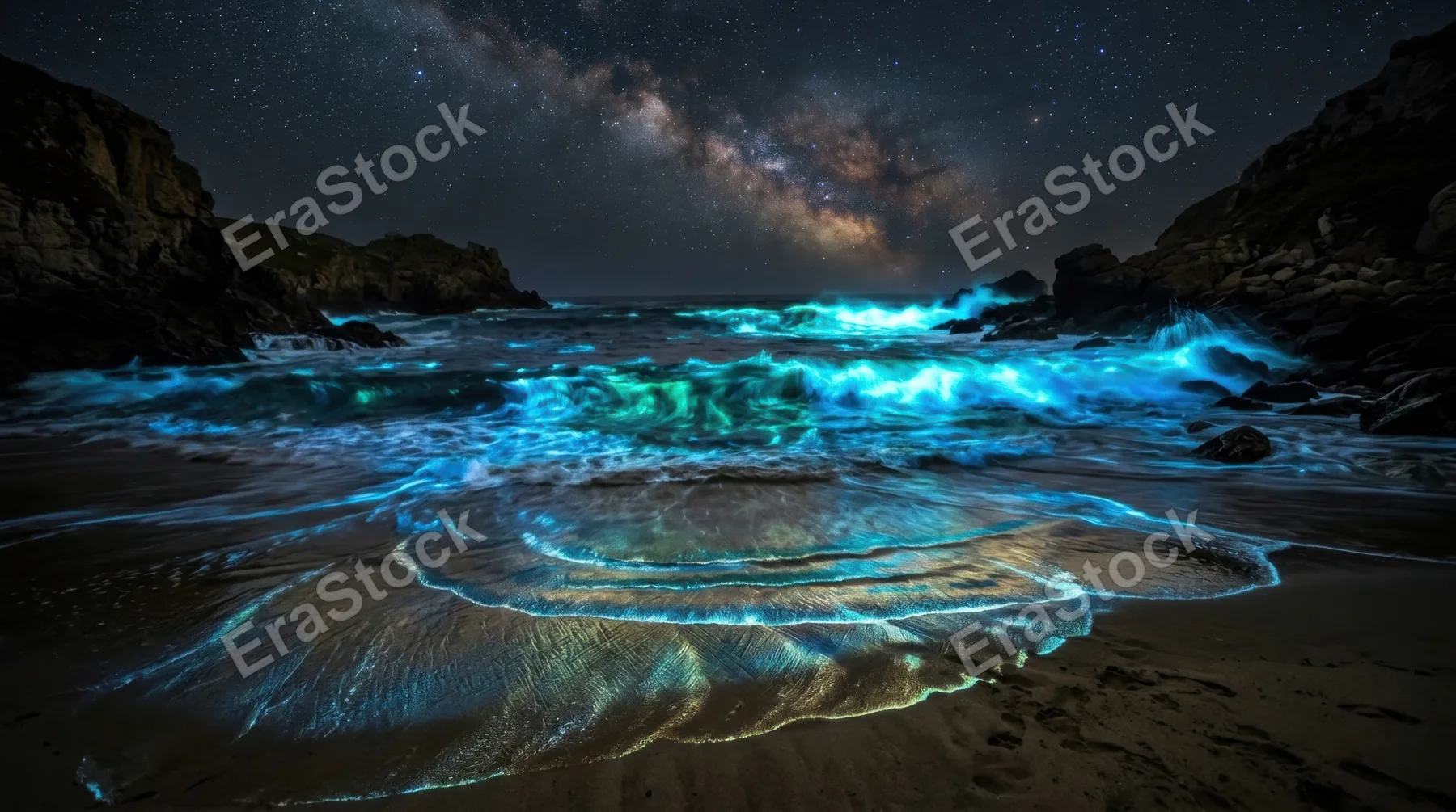 A swirling galaxy of bioluminescent plankton illuminating a dark ocean cove at midnight, electric blues and greens radiating from every breaking wave, rocky shoreline