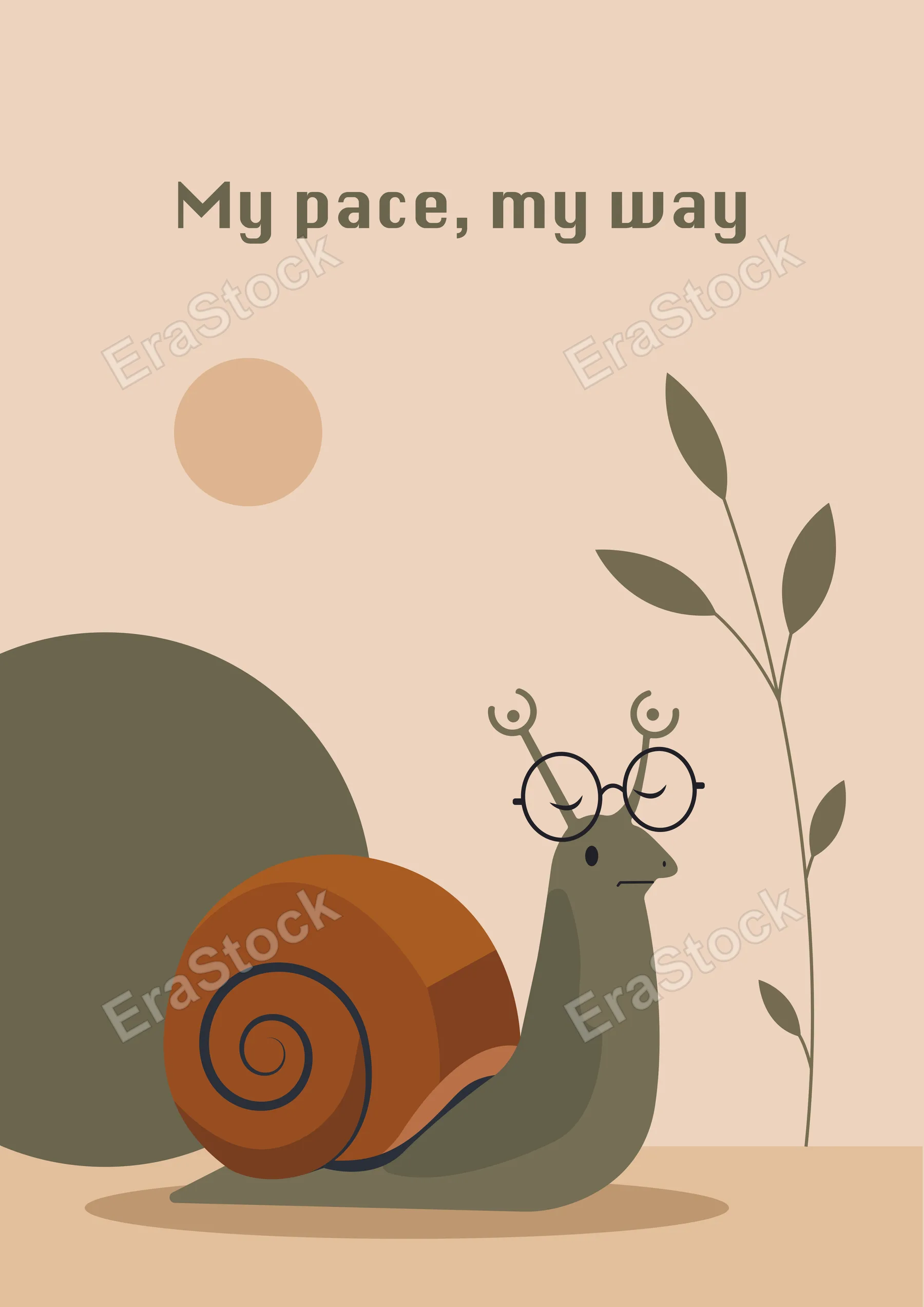 A whimsical illustration of a snail with spectacles and a shell, set against a minimalist background with a sun and plant elements