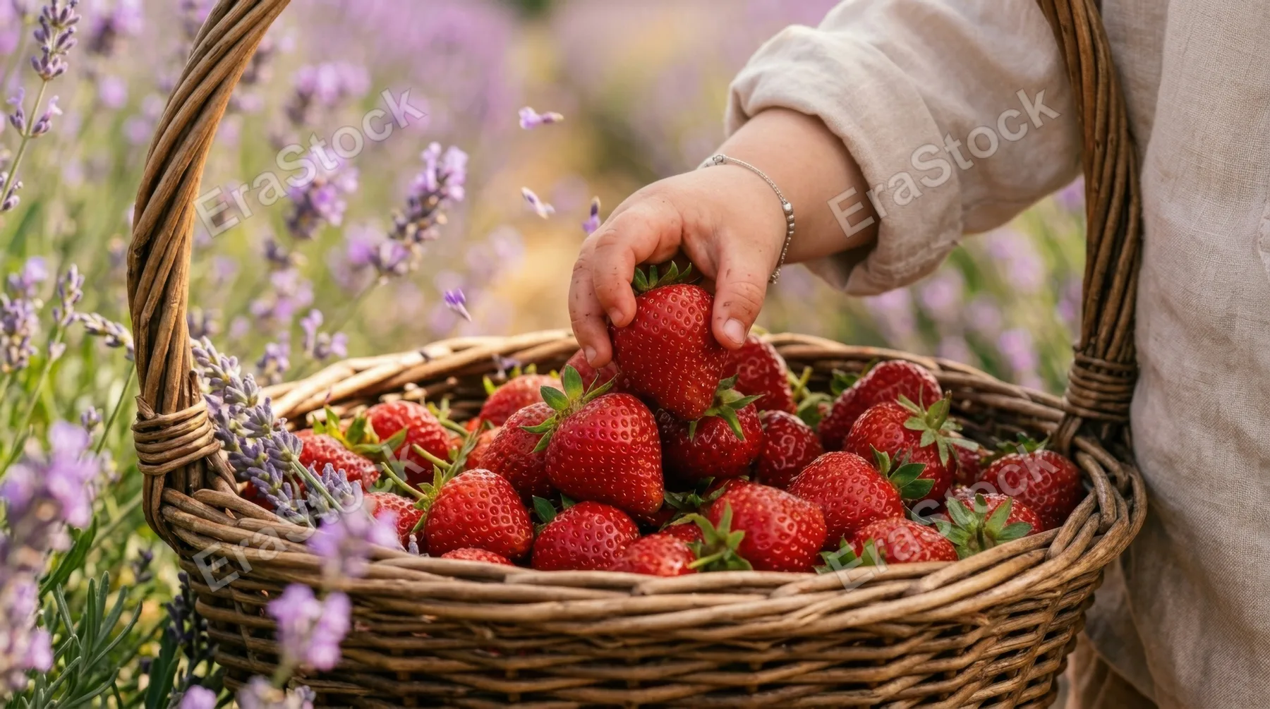 a close-up of a child's hands eagerly reaching into a woven basket, grasping fresh strawberries. the tactile texture of the basket contrasts with the smooth, vibrant red
