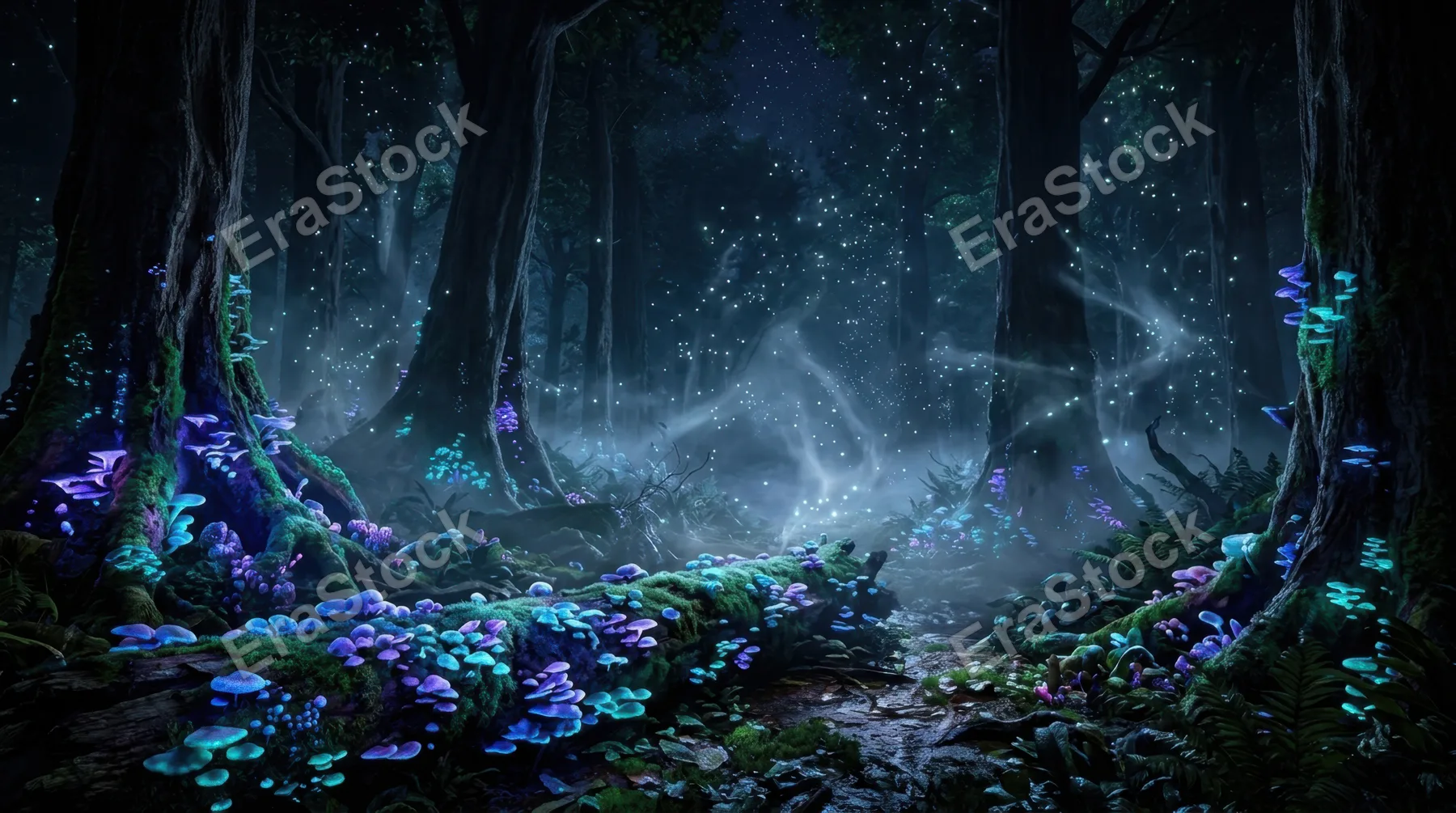 A dense bioluminescent forest at night, towering trees with softly glowing blue and violet fungi clustered around their roots, misty ground fog catching scattered light