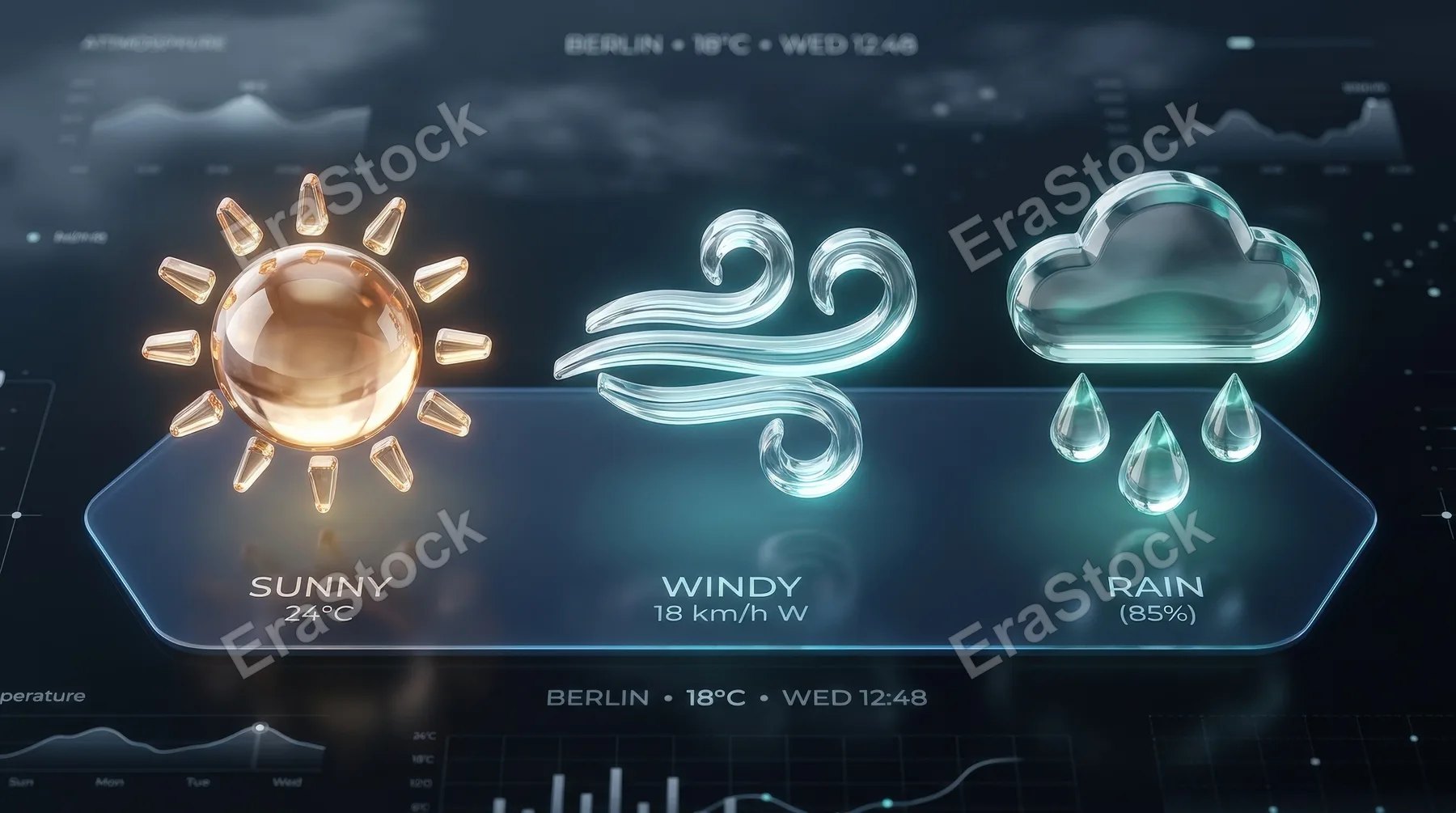 A set of translucent glass weather icons featuring water drops, wind and sun, polished surfaces, soft glow and a clean climate-themed digital atmosphere, ultra-realistic, no logos.