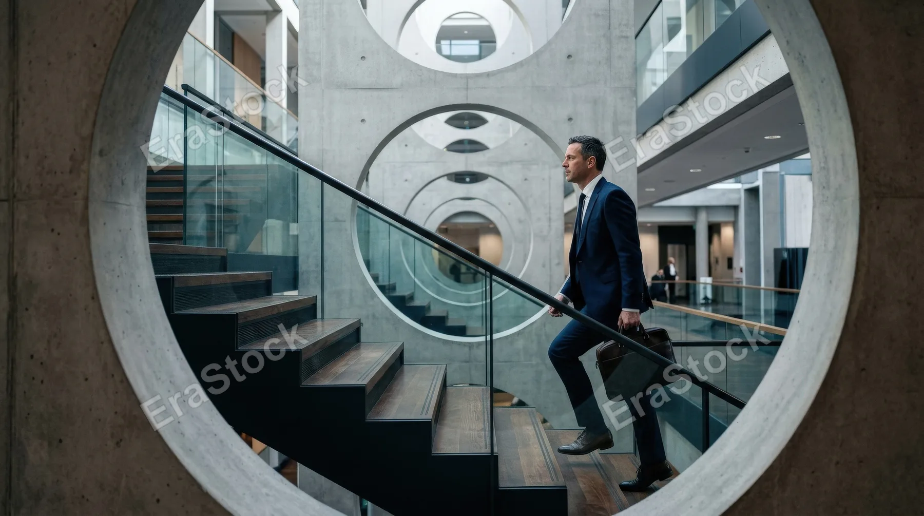 A man walking up a staircase with circular openings cut through the structure, repeating voids, elegant blue tones, focused vertical movement and steady professional ascension, ultra-realistic, no