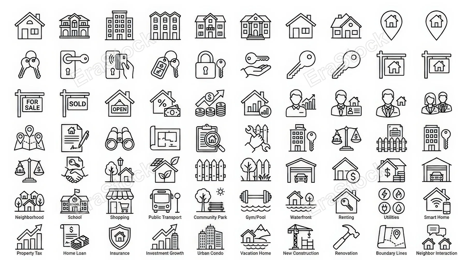 Real estate icons with homes, keys, property and housing symbols in a tidy editable outline collection on white, modern and professional, ultra-realistic, no logos.