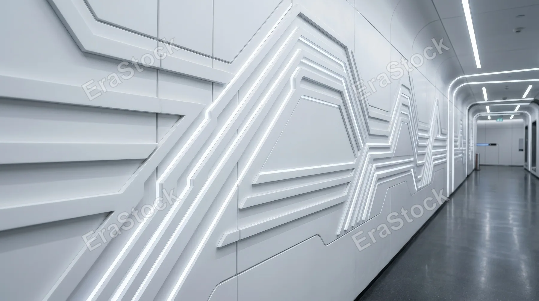 A futuristic white stripe pattern with subtle dimensional depth, crisp minimal design, clean sci-fi atmosphere, ultra-realistic, no logos.
