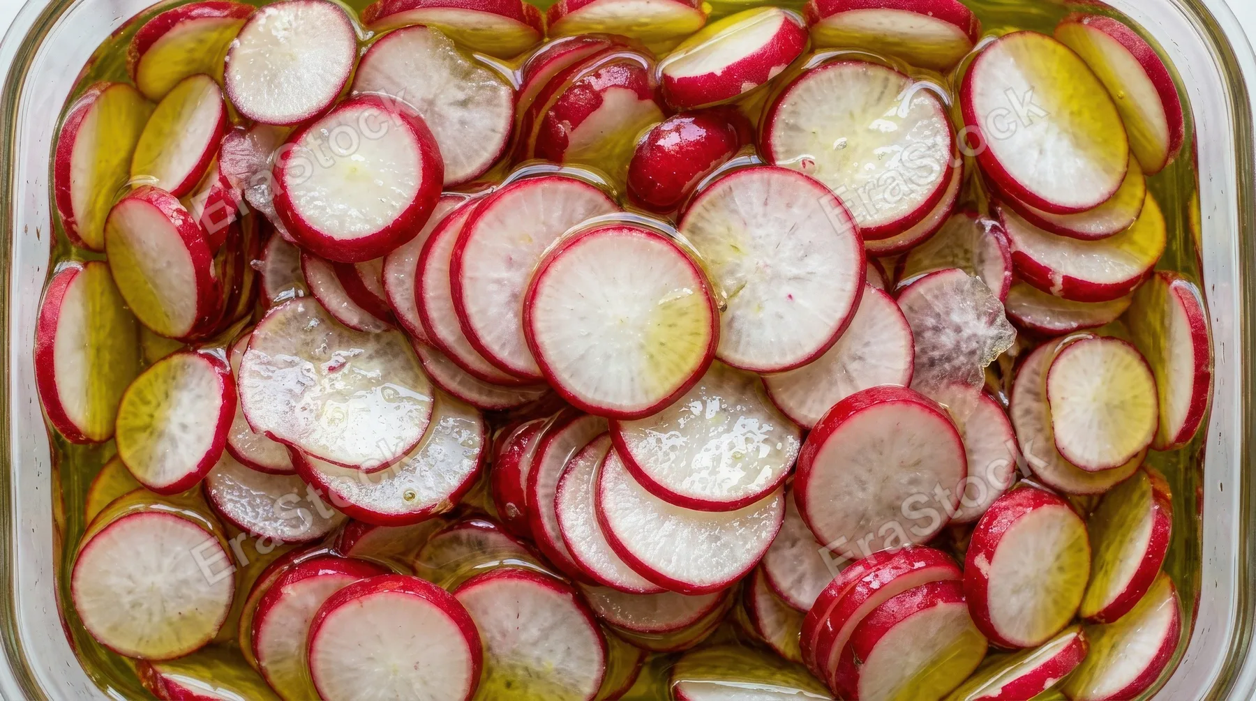 Fresh sliced radishes in oil forming a vibrant natural food texture background, red and white tones, glossy organic detail for healthy culinary styling, ultra-realistic, no logos.