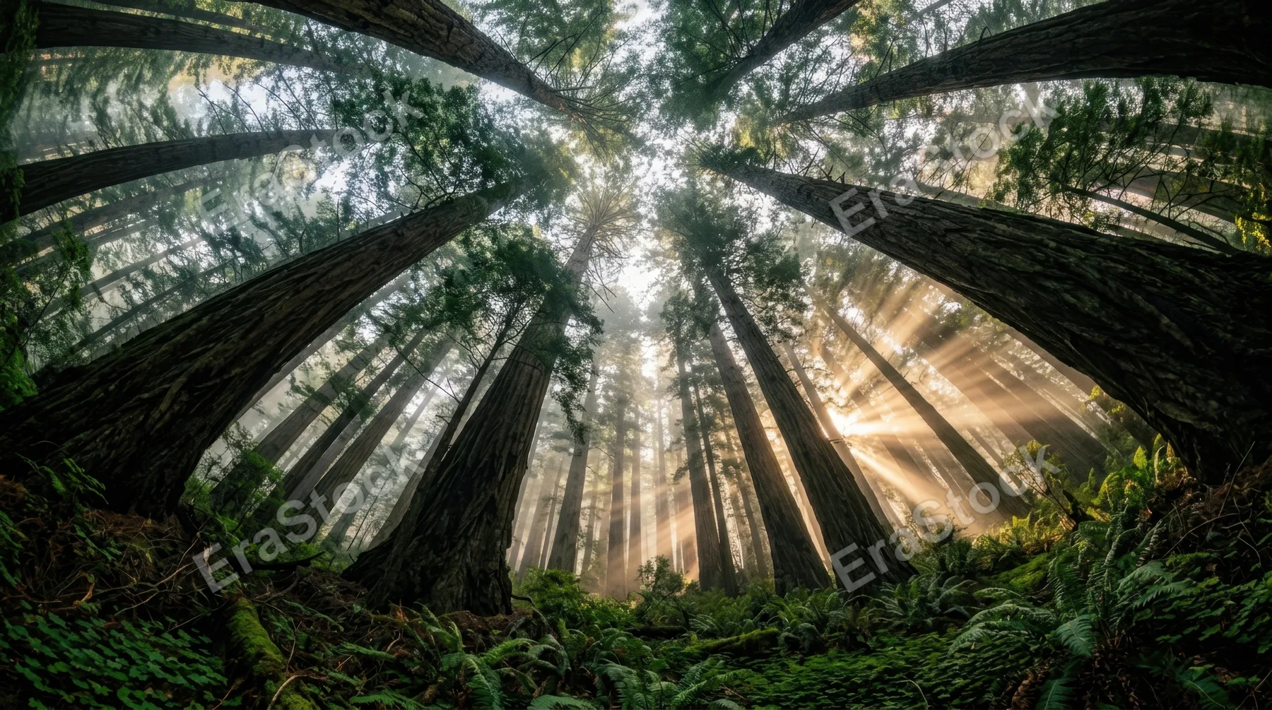 A giant redwood forest floor looking straight up through the canopy, trunks rising like cathedral columns disappearing into a green ceiling far above, shafts of morning