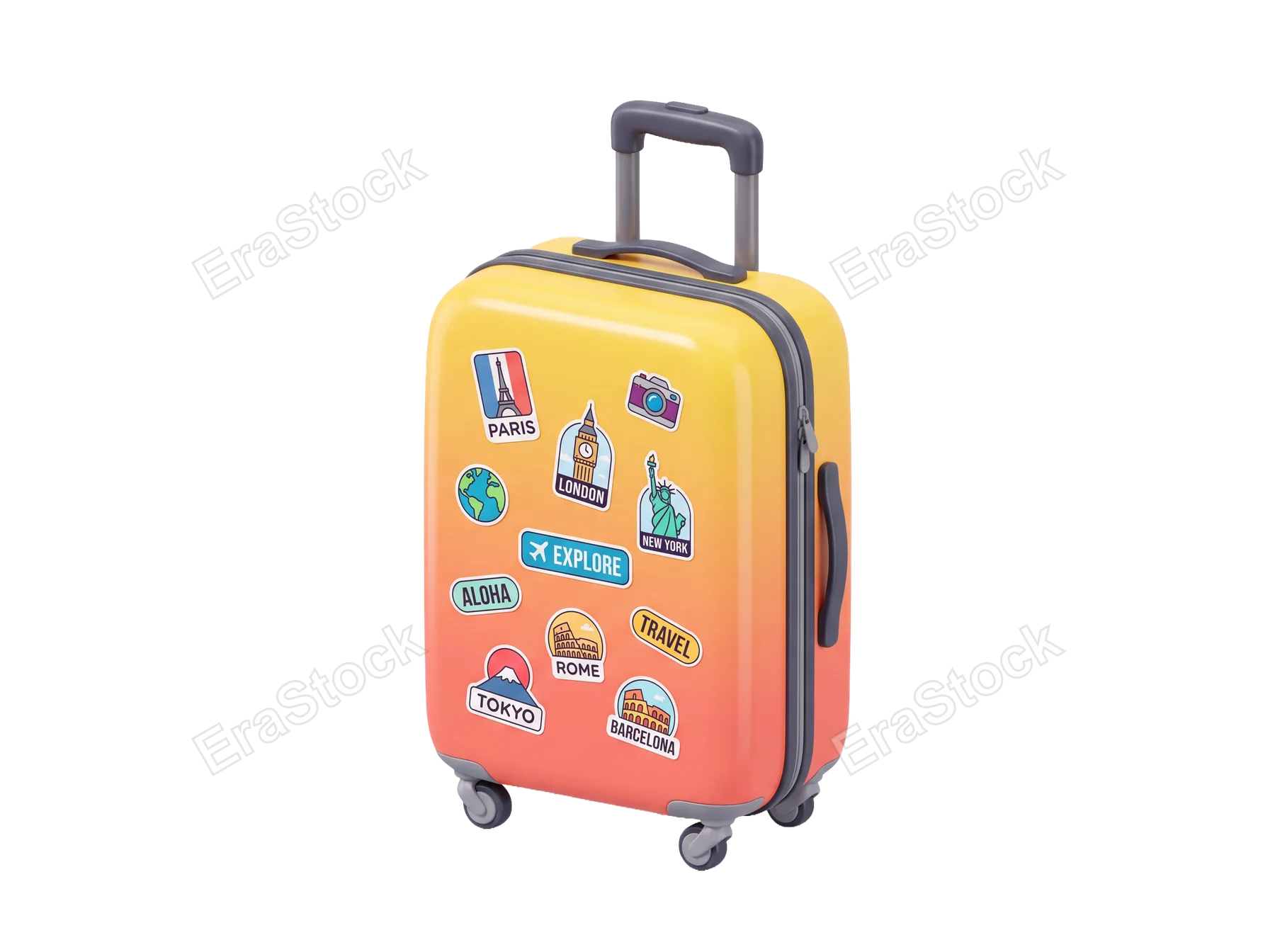 A vibrant, gradient-colored suitcase covered in stickers from various global cities and travel themes, ready for an adventure