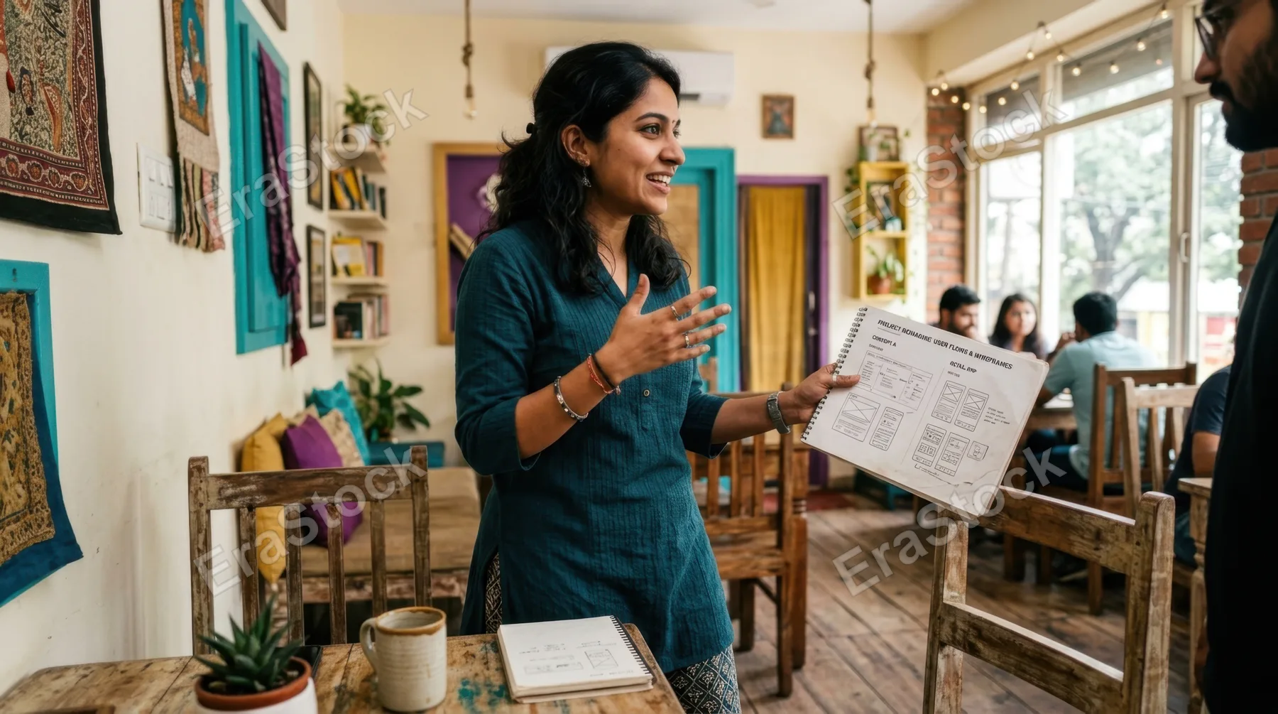 from a low angle, the 28-year-old indian female designer is seen from the side as she animatedly presents her design mockups to an unseen collaborator. the soft ivory