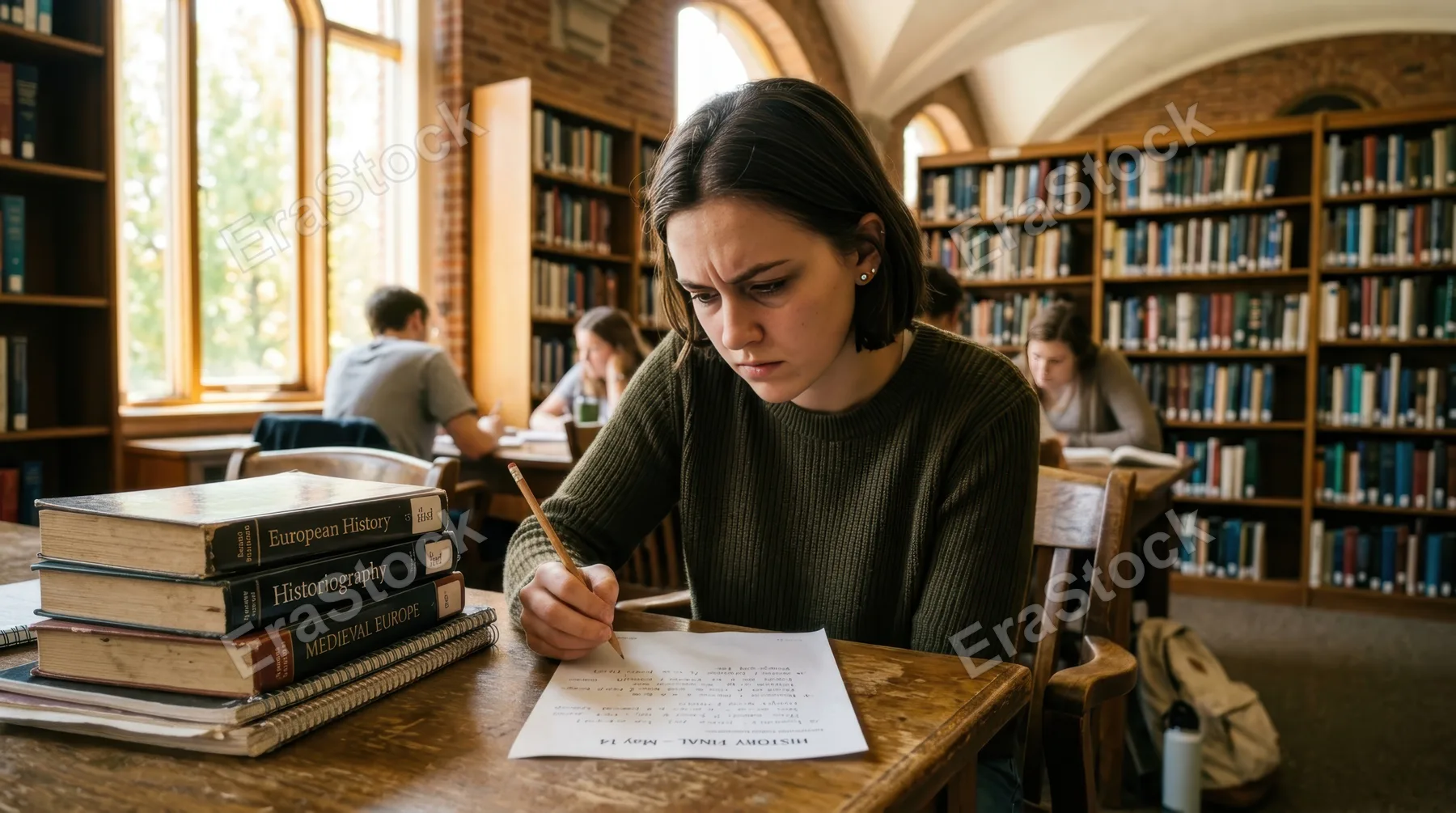 Young student sitting at wooden desk in bright library, pencil hovering over exam paper, furrowed brow showing concentration, stacks of textbooks beside desk, warm