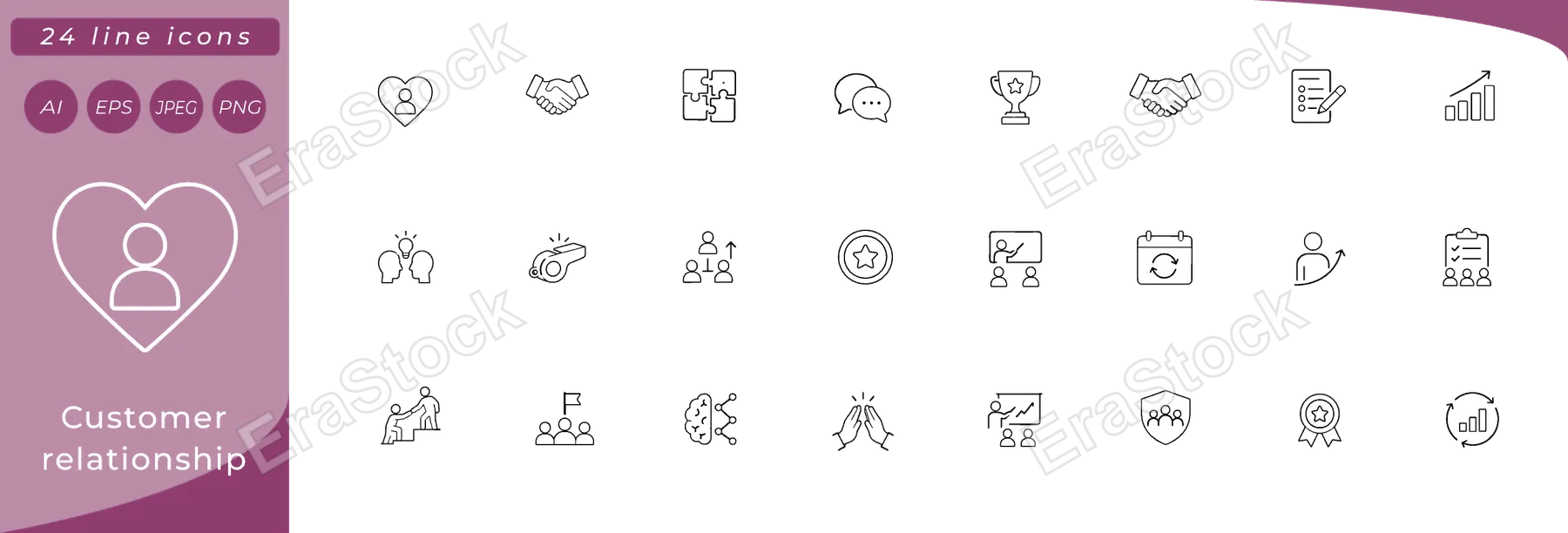 Customer relationship: heart with user silhouette, handshake, chat bubble with smile, CRM pipeline funnel, loyalty star badge, user profile card, feedback form, email with heart badge, phone handset