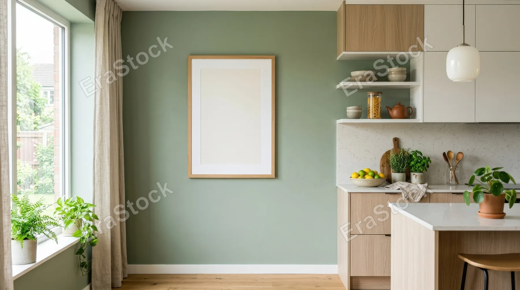 A poster frame mockup in a kitchen interior against an empty green wall, modern cabinetry, natural textures and fresh homey light, ultra-realistic, no logos.