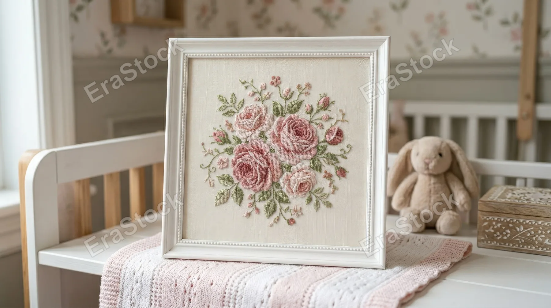 Luxury baby girl rose embroidery with delicate cross-stitch petals, elegant pink floral nursery element with refined stitched softness, ultra-realistic, no logos.