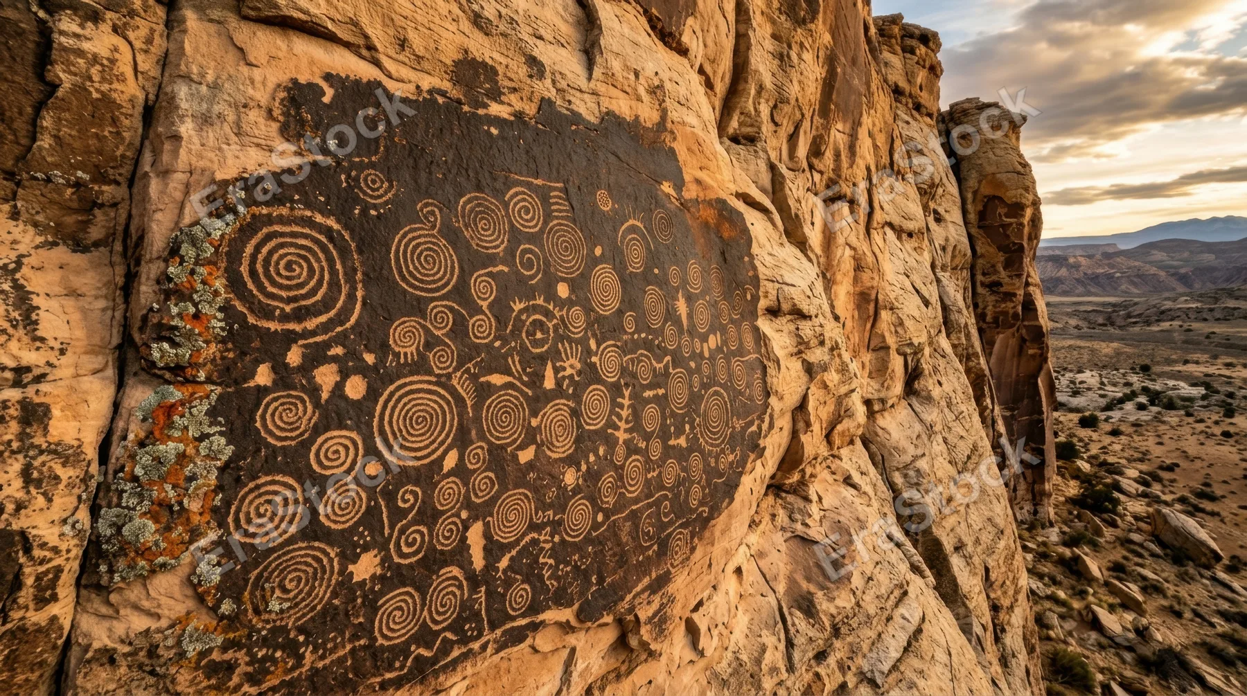 A desert varnish panel on a sandstone cliff face covered in ancient spiral petroglyphs, the dark manganese coating carved through to reveal pale orange rock beneath,