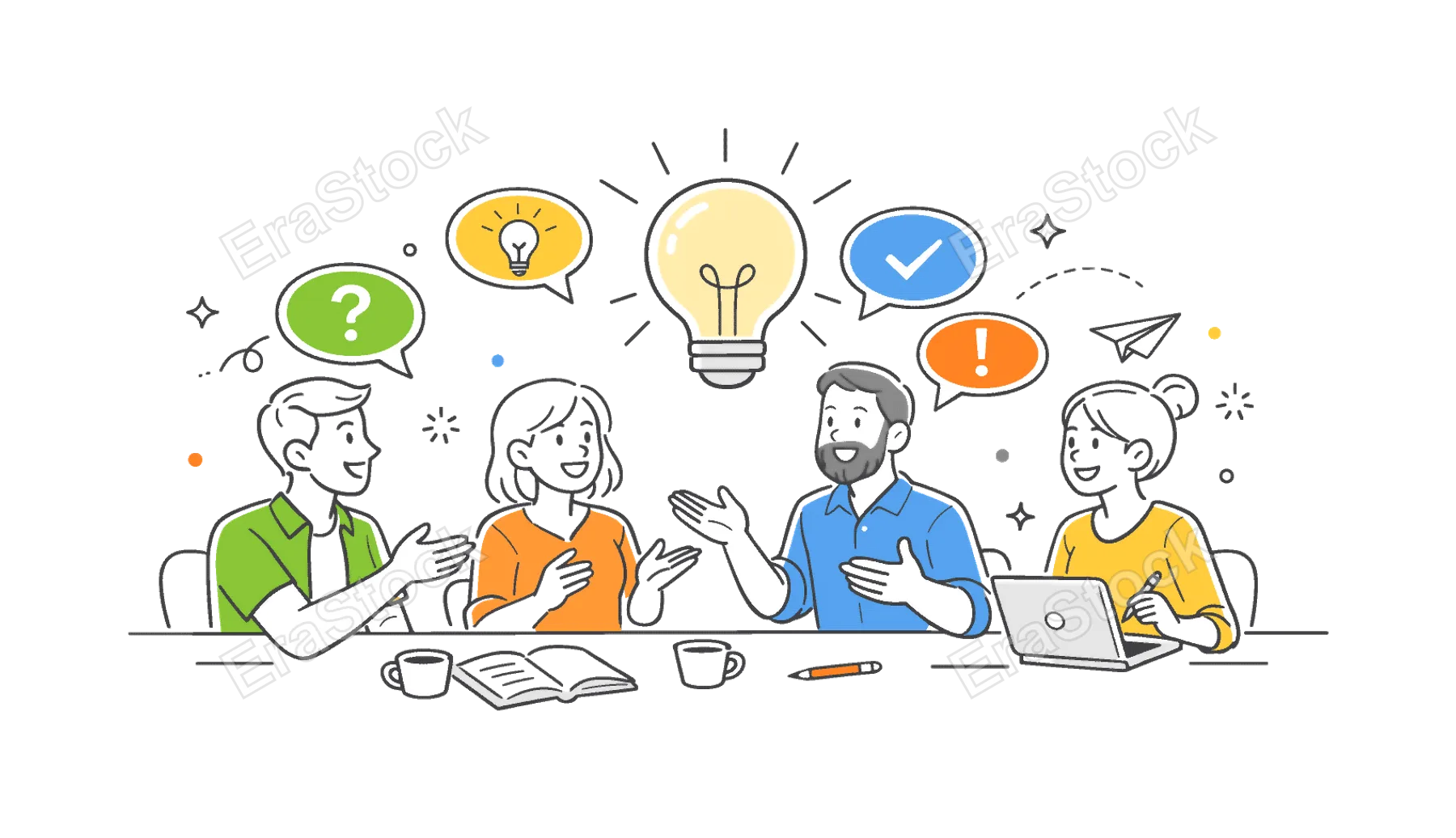 Colleague chat brainstorming scenario showing coworkers exchanging ideas and collaborating on solutions in a creative office setting, using a light bulb and dialogue