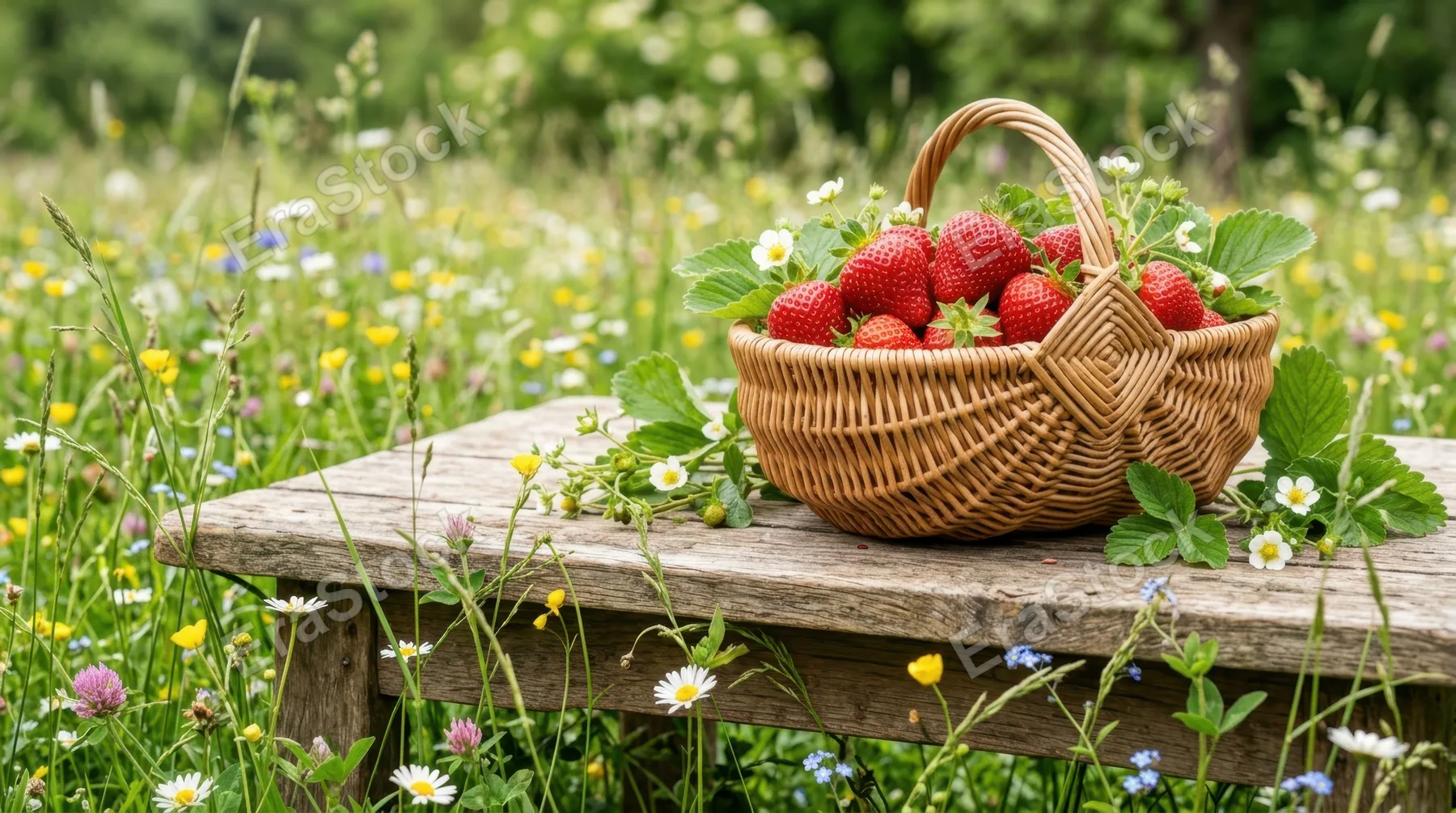 a close-up shot focusing on the lush green grass and scattered wildflowers surrounding the rustic wooden table. the vibrant colors and textures of the fresh strawberries