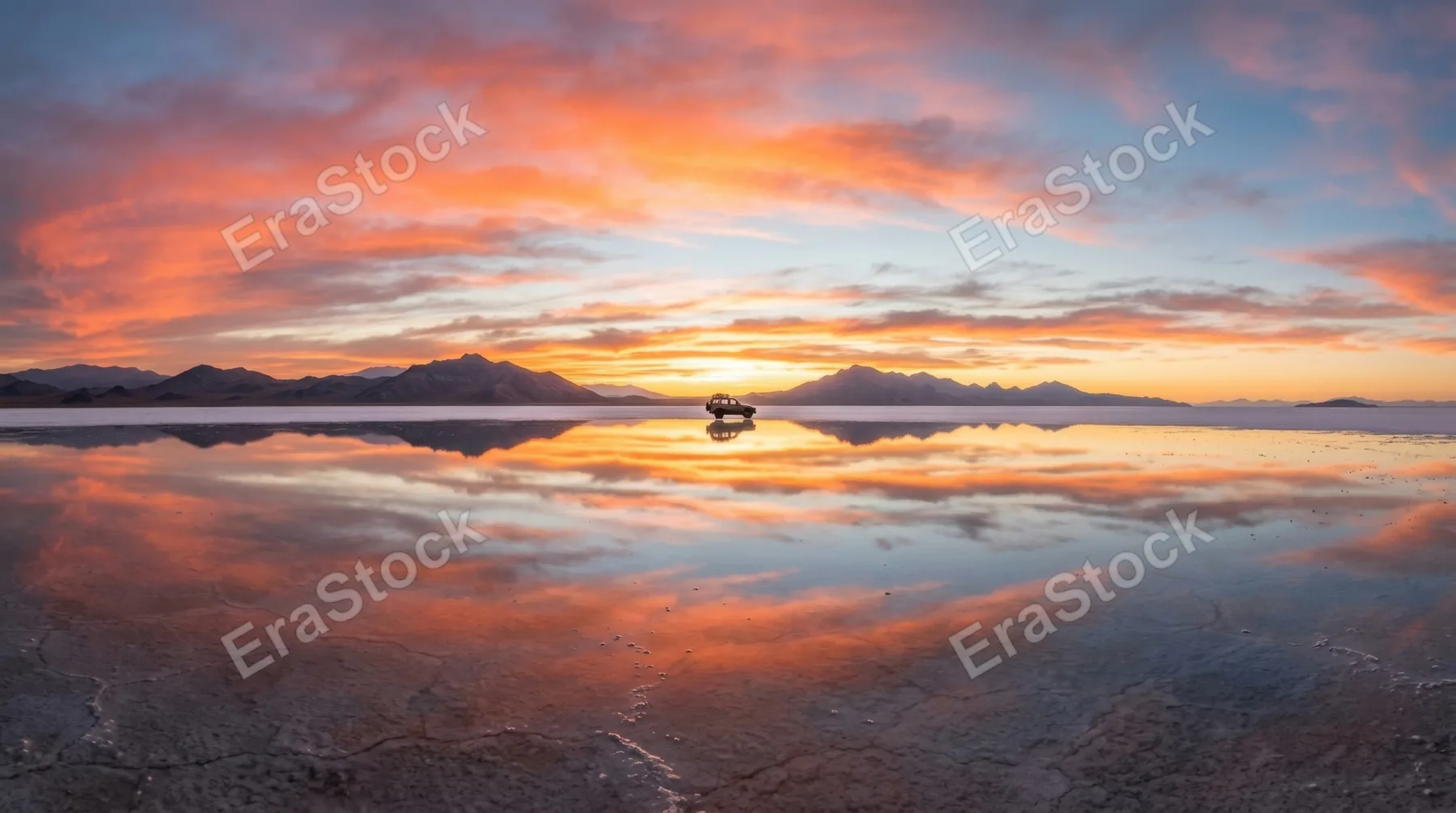 A vast salt flat at sunrise stretching endlessly to the horizon, a thin layer of water creating a perfect mirror reflection of the fiery orange and pink sky, a lone 4x4