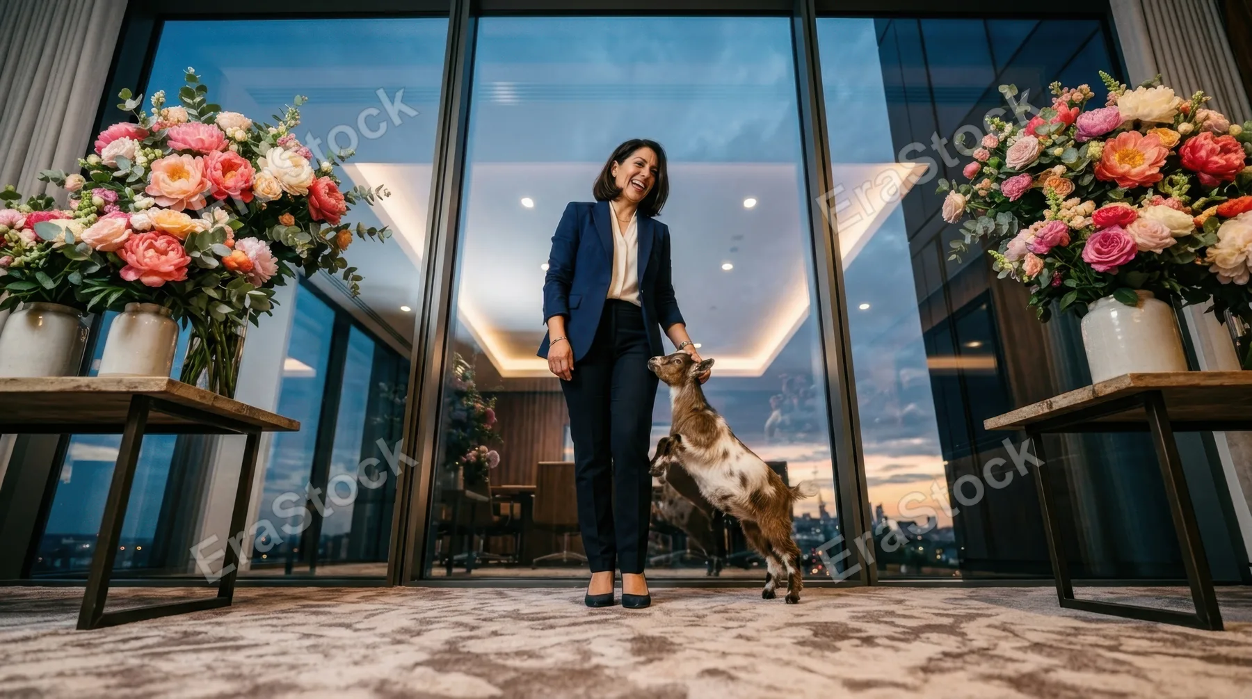 from a low angle, the 38-year-old latino female executive stands before the large glass windows, the goat playfully by her side, with vibrant floral arrangements creating