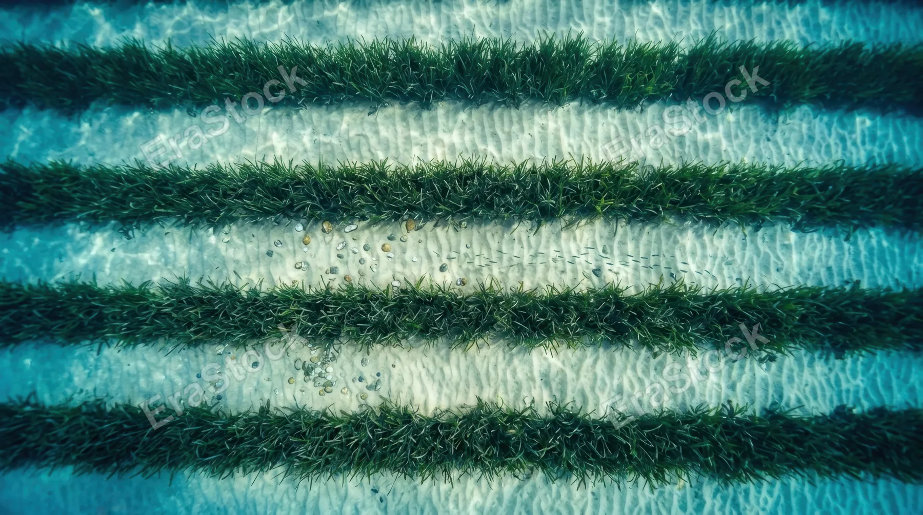a unique top-down angle of the underwater scene featuring rows of seagrass, creating a visual pattern that leads the eye through the water. the turquoise and sandy tones